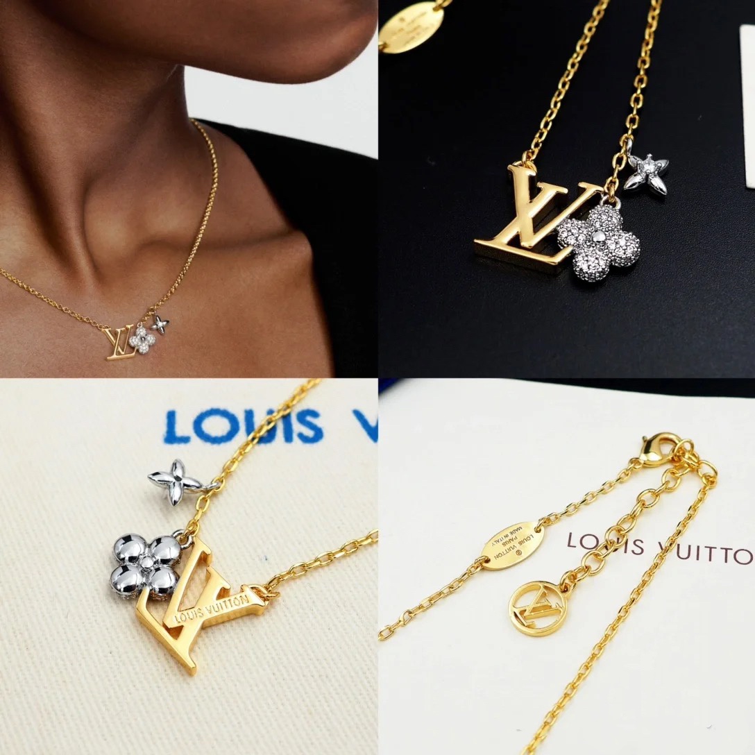 Louis Vuitton Mixed Metal Color LV Monogram Earrings Necklace - Original Replica Club