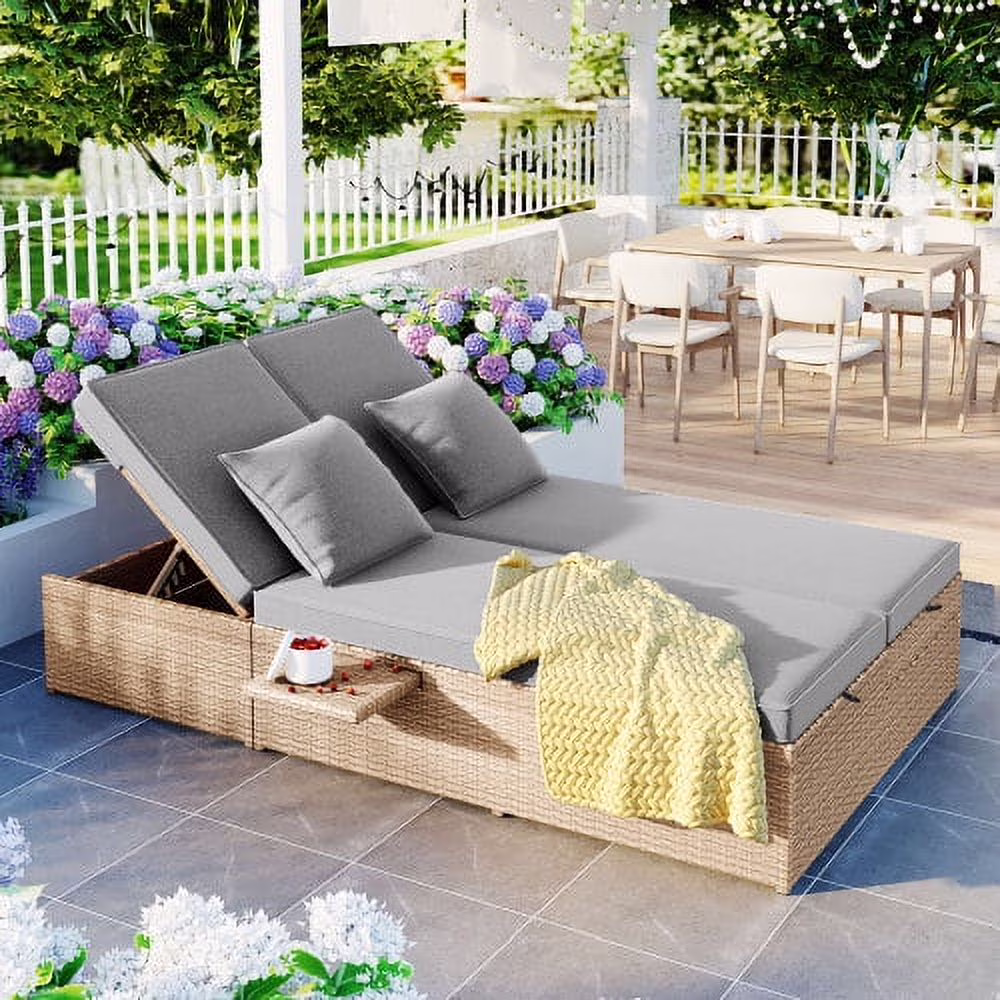 Harper & Bright Designs Rattan Outdoor Double Lounge Chaise 2-Person PE Wicker Outdoor Patio Sunbed with Canopy Cover for Backyard Garden Balcony, Beige+Black - Image 5