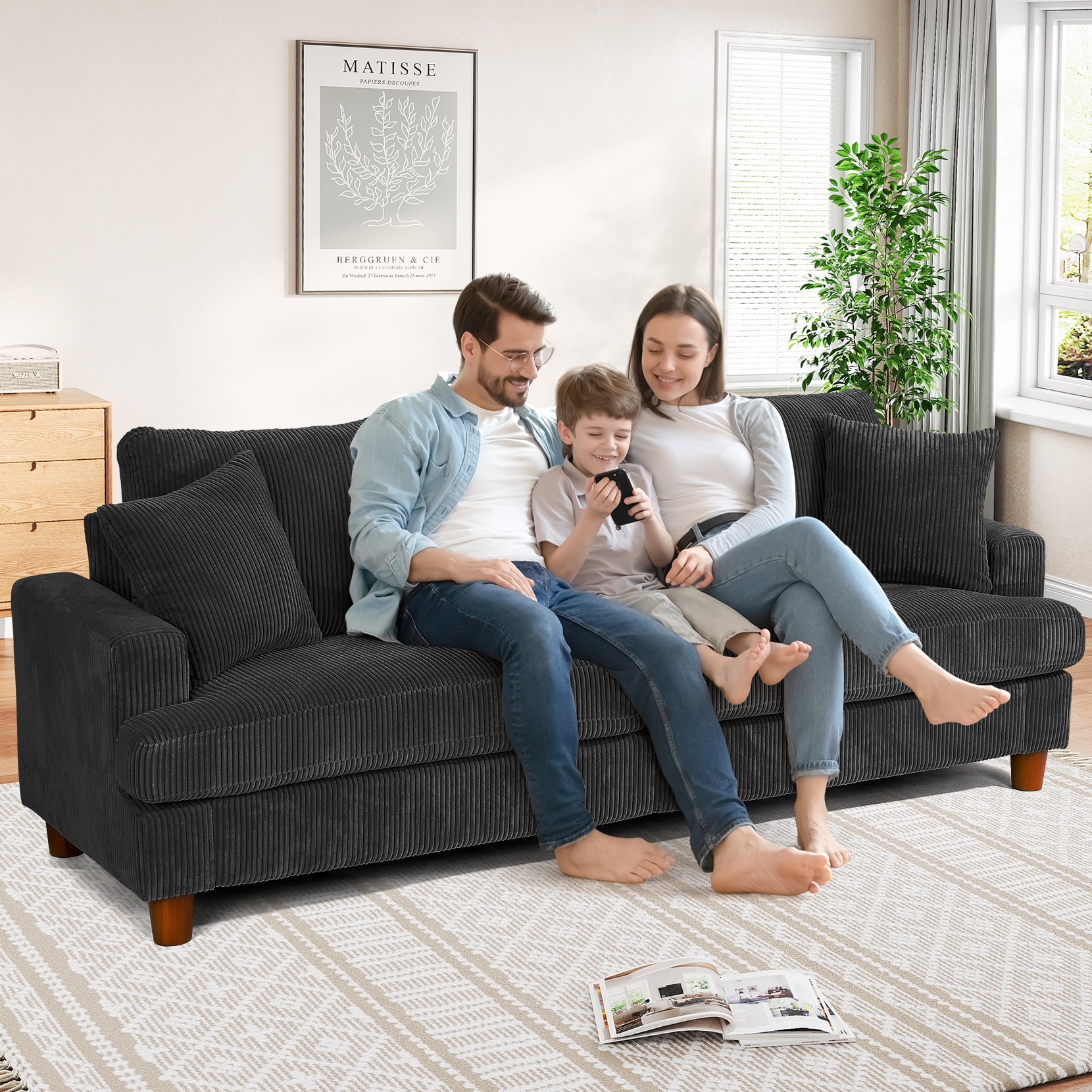 87" Corduroy Sofa,3 Seater Sofa with Extra Deep Seats,Neche Comfy Upholstered Couch for Living Room,2 Pillows,Green - Image 31
