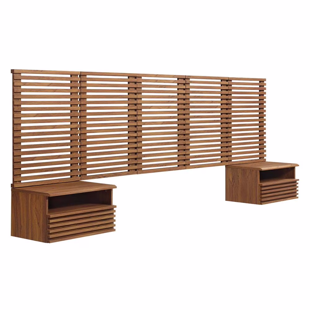 Modway Render Wall Mount Queen Headboard and Modern Nightstands in Walnut(Queen/Oak)