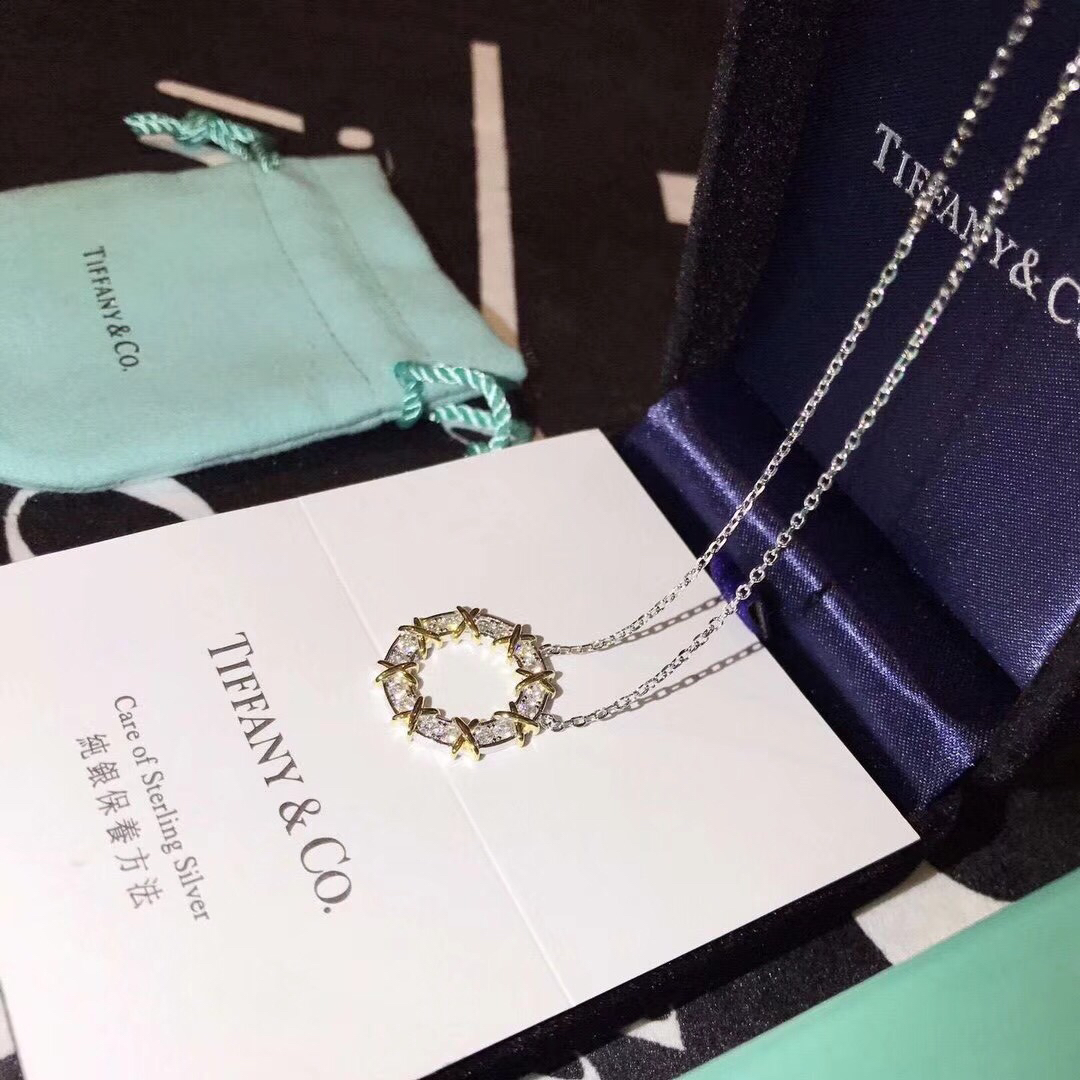 Tiffany Mixed Metal Color Cross Round Pendant Necklace - Original Replica Club