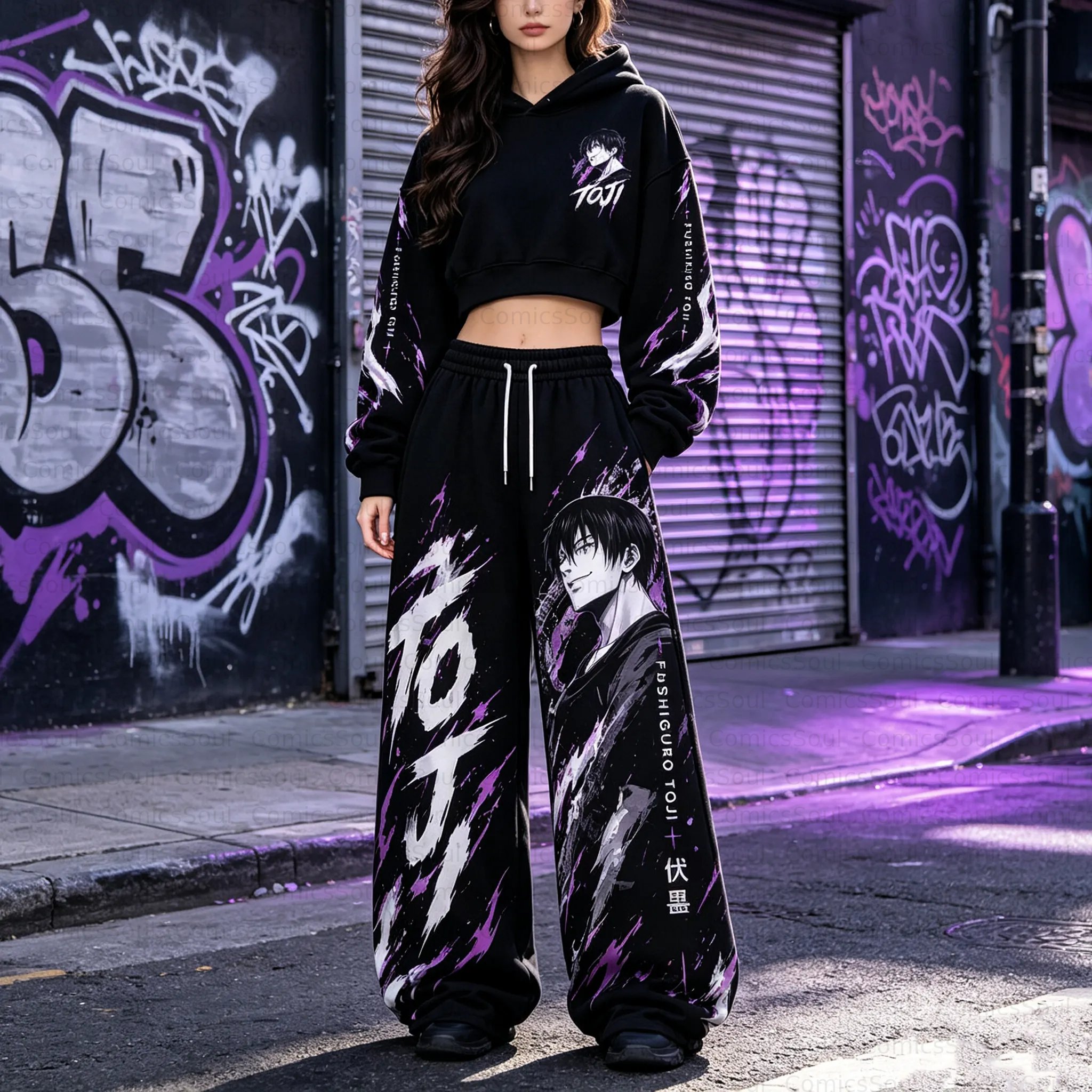 Jujutsu Kaisen Cropped Long Sleeve Hoodie & High Waist Jogger Pants Two Piece TeeThreads Sustain the Scene with Custom Apparel