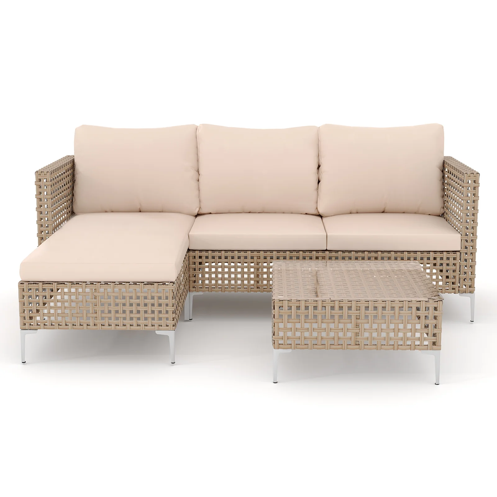3 Piece Patio Furniture Set with Chaise Longue & Coffee Table, Outdoor Wicker Conversation Set for Patio, Porch, Backyard - All-Weather Yellow/Beige Cushions (Waterproof & Fade-Resistant) - Image 6