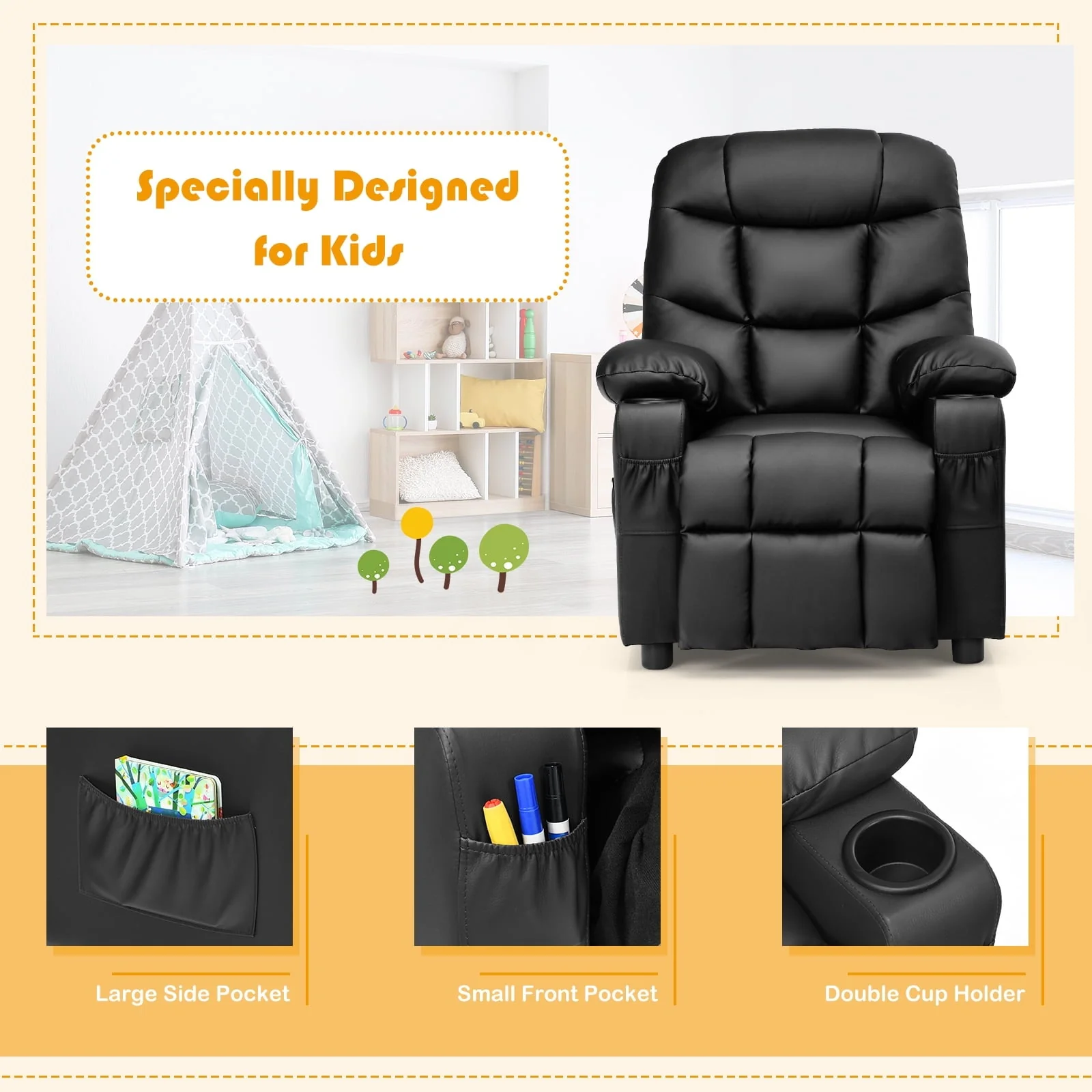 Infans Kids Youth Recliner Chair PU Leather w/Cup Holders & Side Pockets Black - Image 4