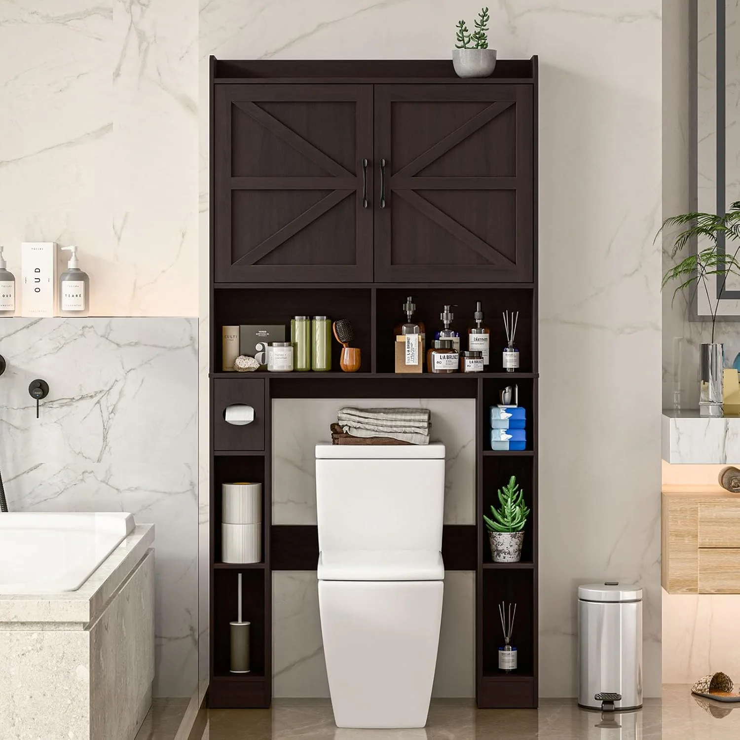 Vabches Over The Toilet Storage Cabinet with Toilet Paper Holder Stand, Above Toilet with Adjustable Shelf & 2 Doors - Image 22