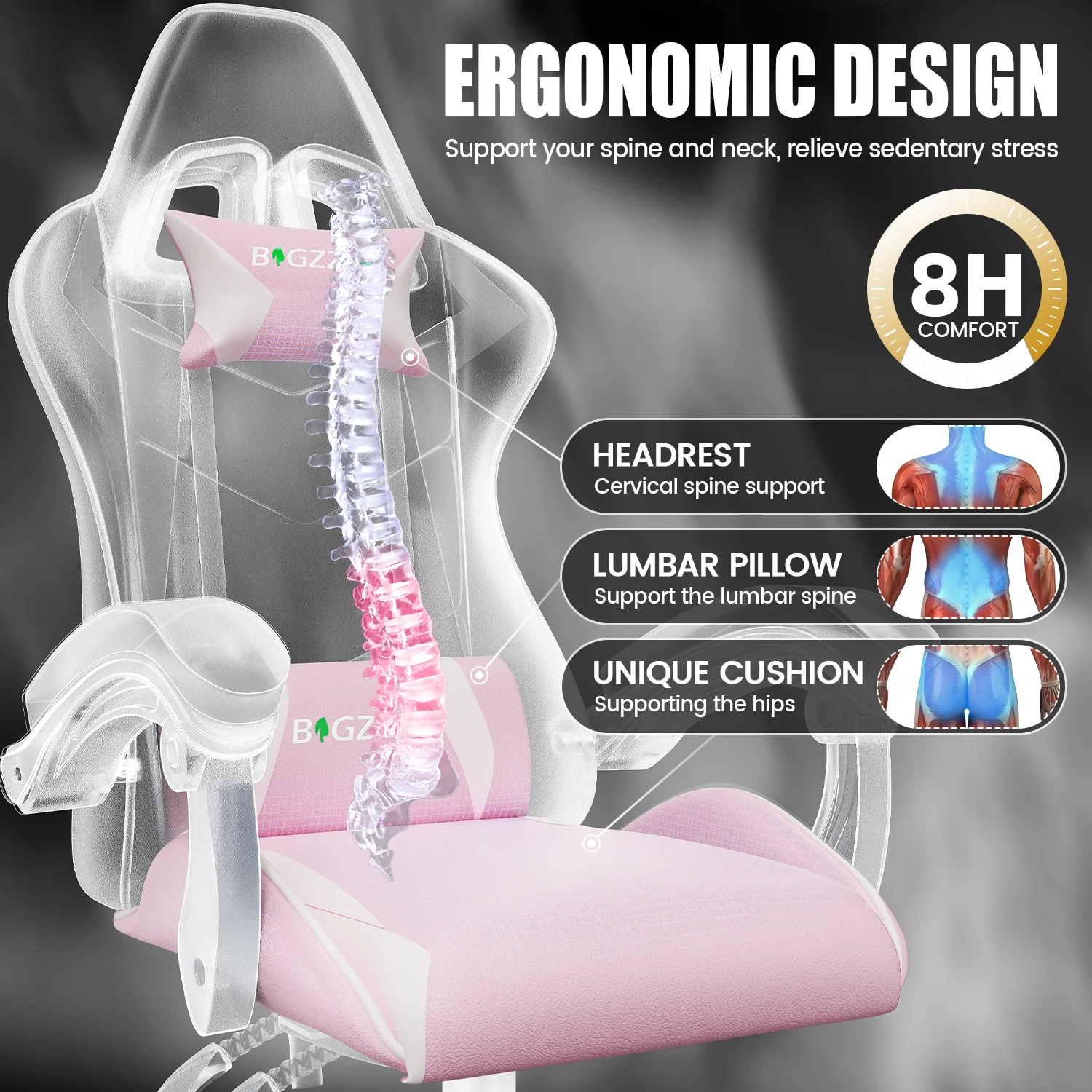 Bigzzia Gaming Chair Office Chair, Ergonomic Game Chair with Height Adjustable Headrest and Lumbar Support for Adults Teens, Black & White - Image 57