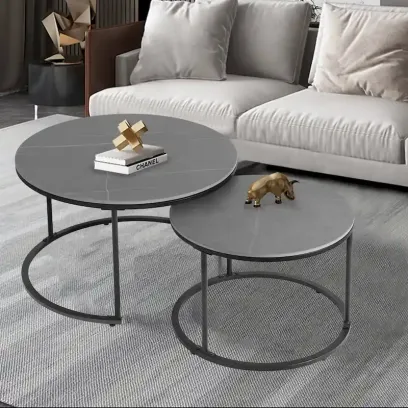 Round Sintered Stone Top Nesting Coffee Table with Black Metal Frame - 31.5 x 17.7 Inches