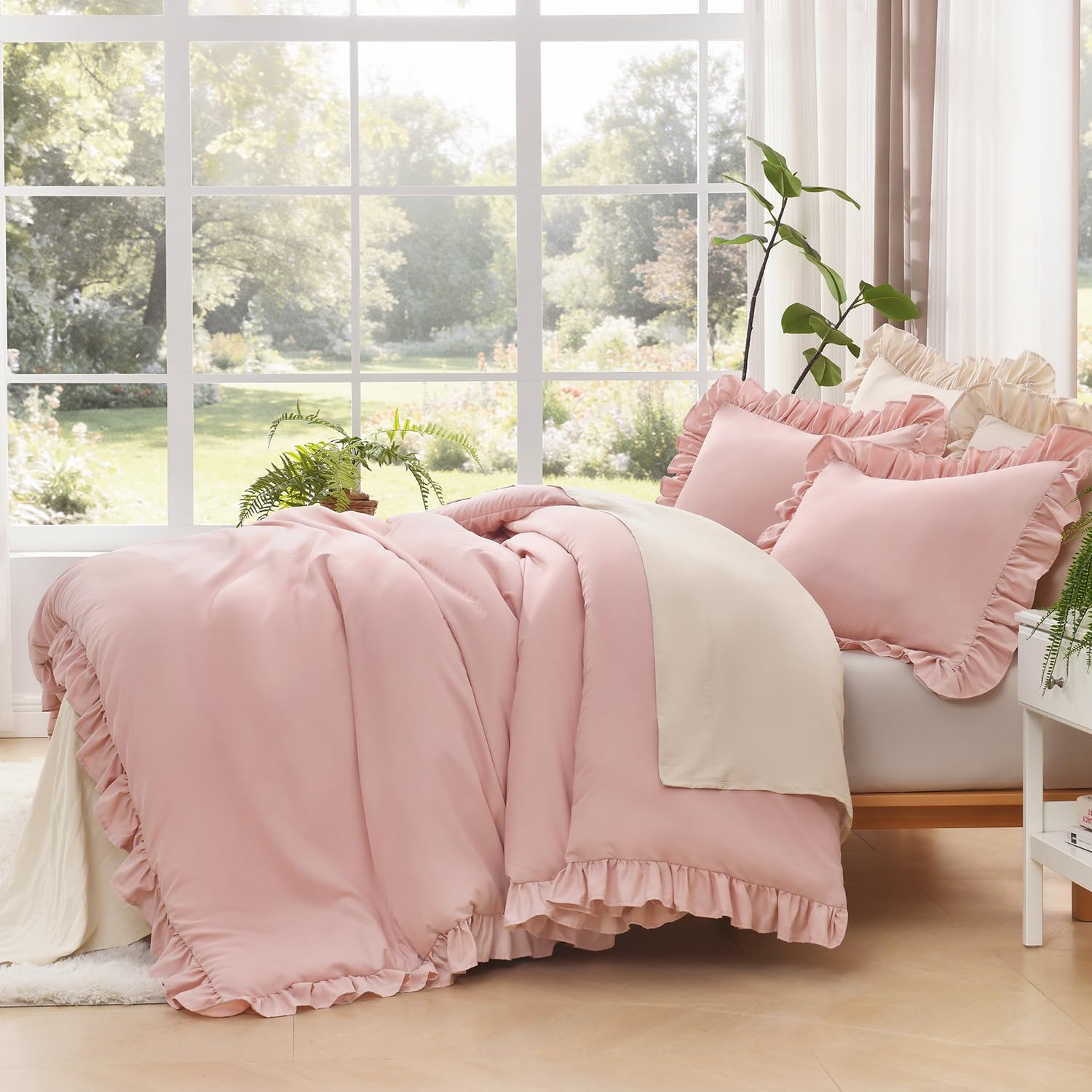 3 Pieces Pink Ruffle Edge Comforter Set Vintage Shabby Chic Style All Season Soft Breathable for Bedroom Home
