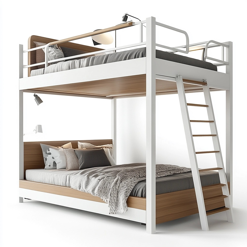Litera moderna de madera y metal blanca/marrón para dormitorio