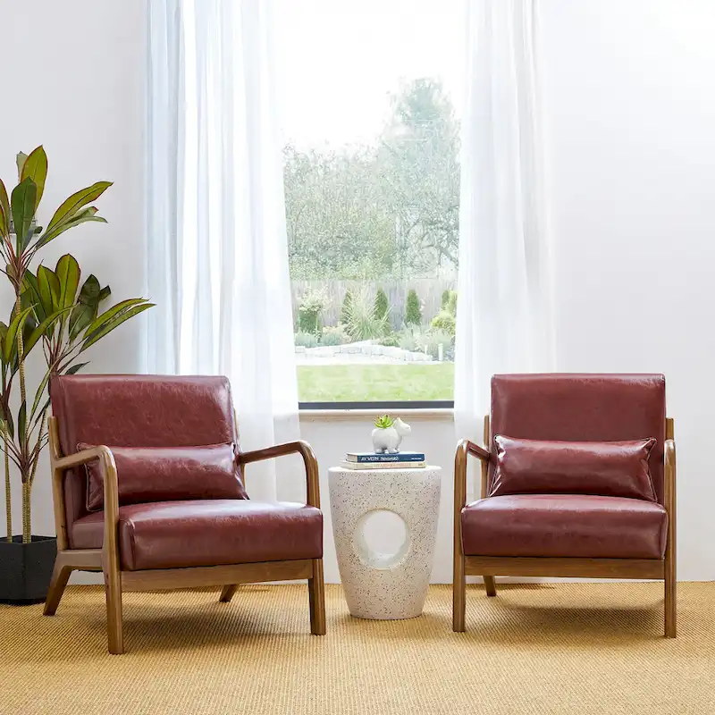 Glitzhome Set of 2 Mid-Century Modern PU Leather Accent Chairs - 30.75H with Cushions (25.75W x 33.75D)