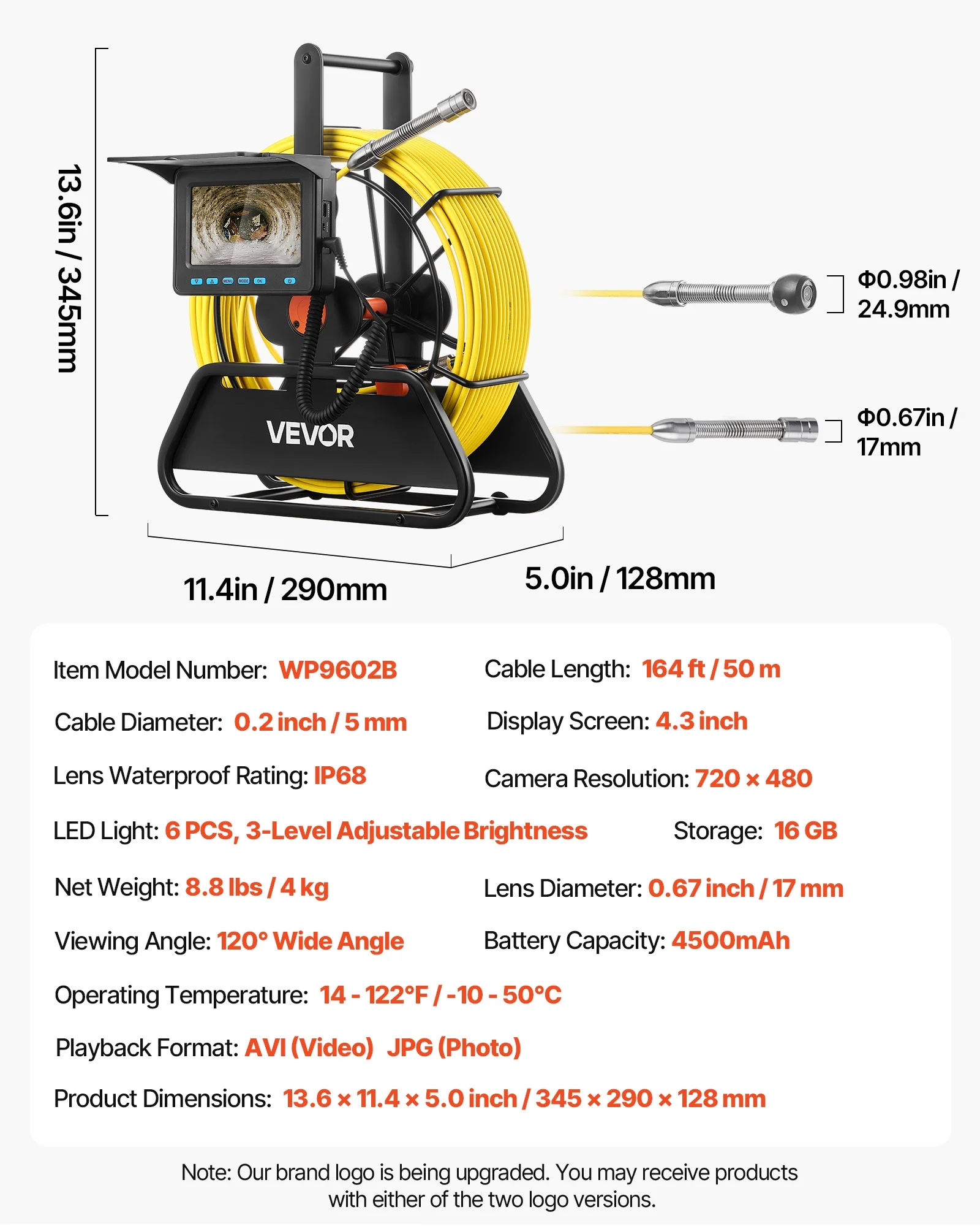 VEVOR Sewer Camera, 164 ft/50m, 4.3" Drain Inspection Camera, IP68 Waterproof Snake Plumbing Camera with Lights - 6 Adjustable LEDs, 4500mAh Battery & 16GB Card for Sewer Line Duct Pipes - Image 7