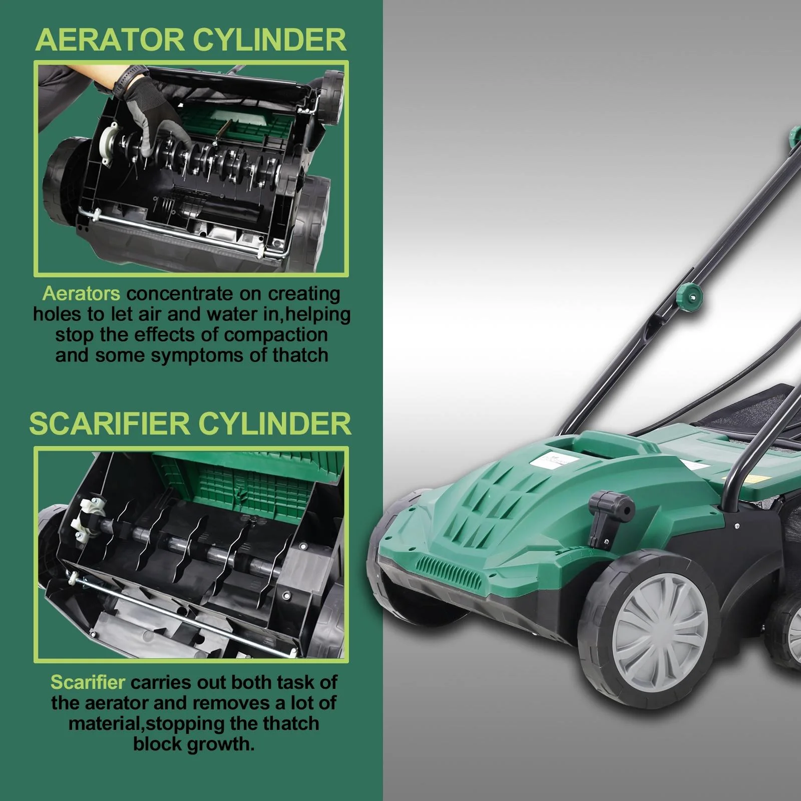 Dethatcher and Scarifier, Seizeen 16-Inch Lawn Dethatcher Scarifier 2-IN-1 Gardening Equipment, Powerful 15 Amp Electric Dethatcher & Scarifier, Height Adjustable, 58QT Removable Thatch Bag - Image 23