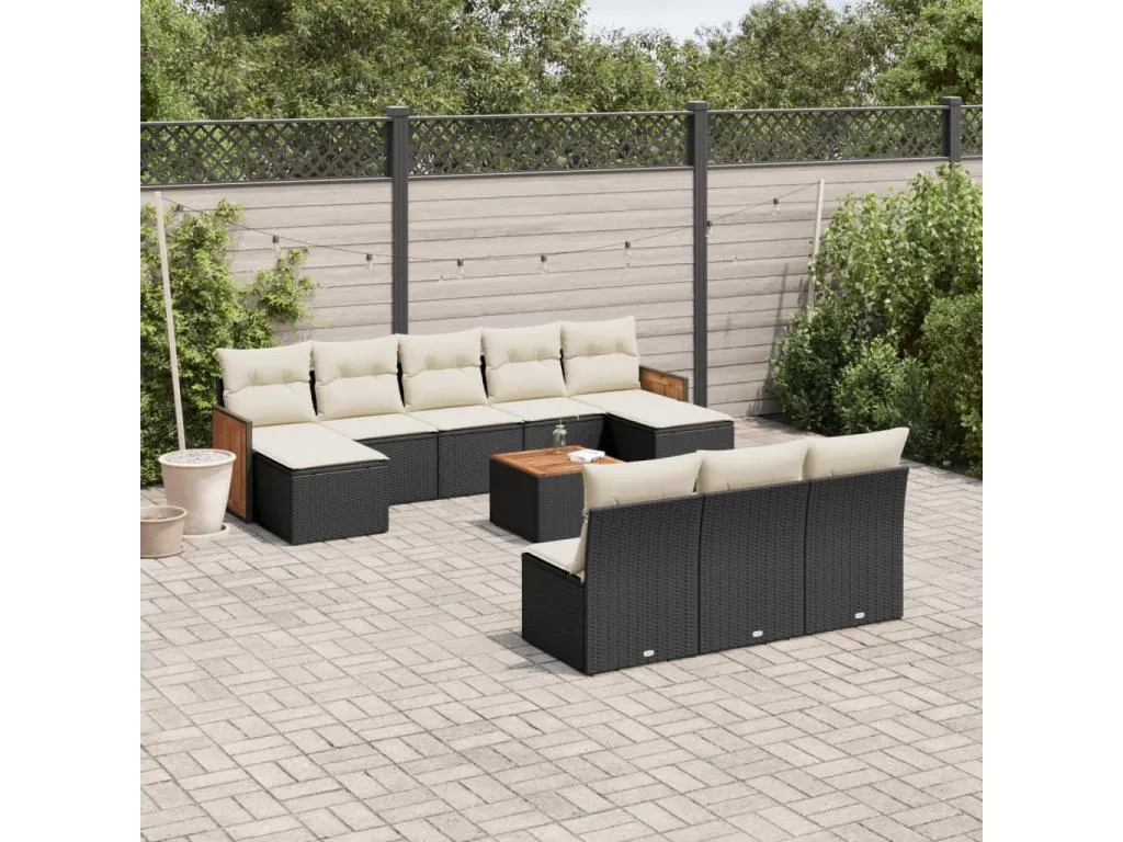 Set de sofás de jardín 11 pzas y cojines ratán sintético negro