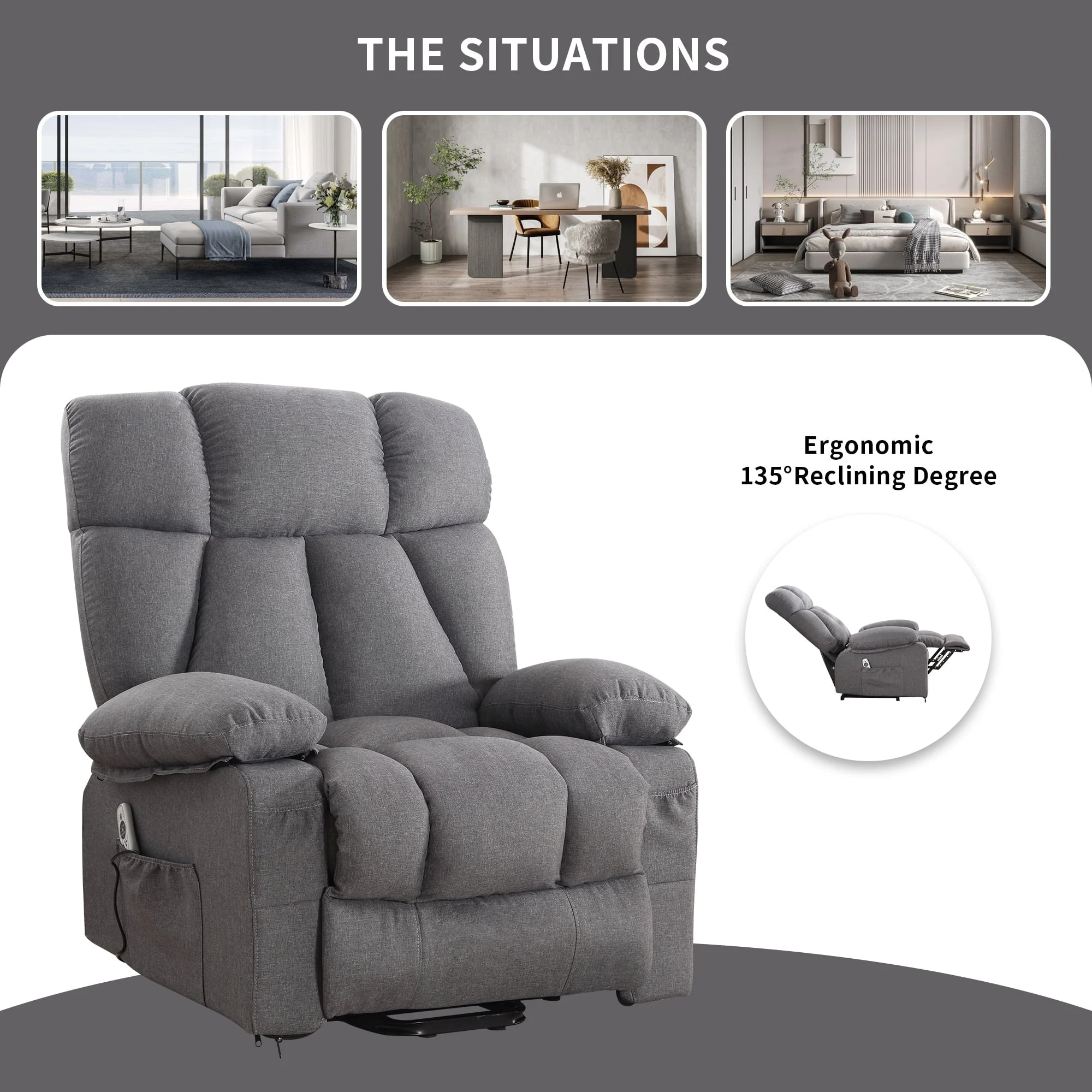 JONPONY Power Lift Recliner Chair Recliners for Elderly with Heat and Massage Recliner Chair for Living Room with Infinite Position and Side Pocket,USB Charge Port,Grey - Image 8