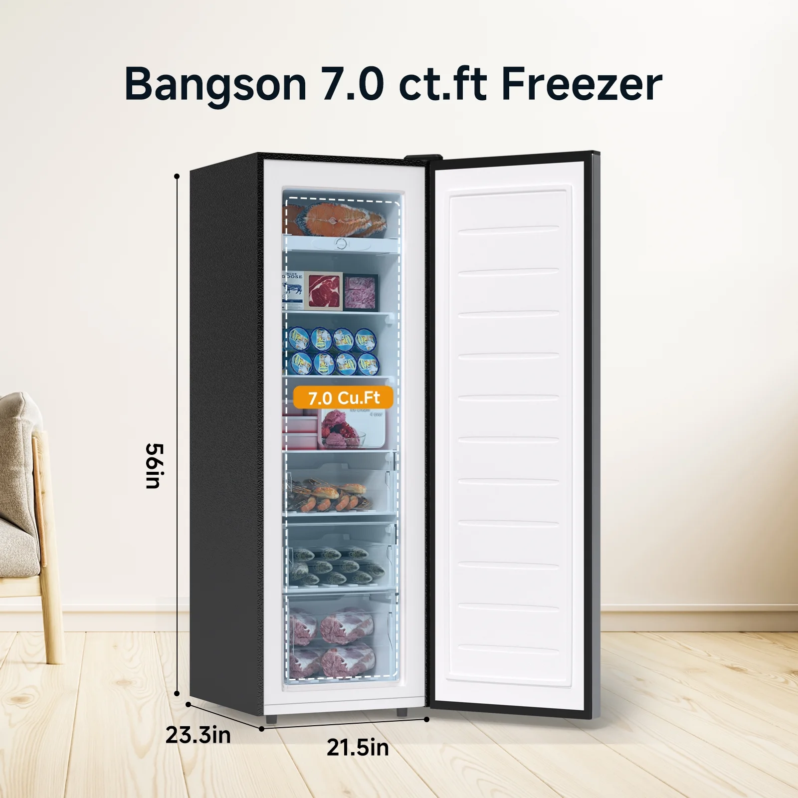 BANGSON Upright Freezer, 7.0 Cu.ft Freestanding Freezer, Convertible Upright Freezer/Refrigerator, Single Door for Kitchen, Office, Apartment, Silver - Image 5