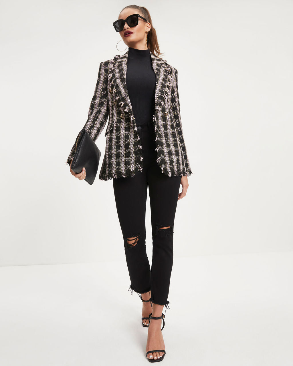 Laney Plaid Tweed Blazer - Black - Se7enfashion