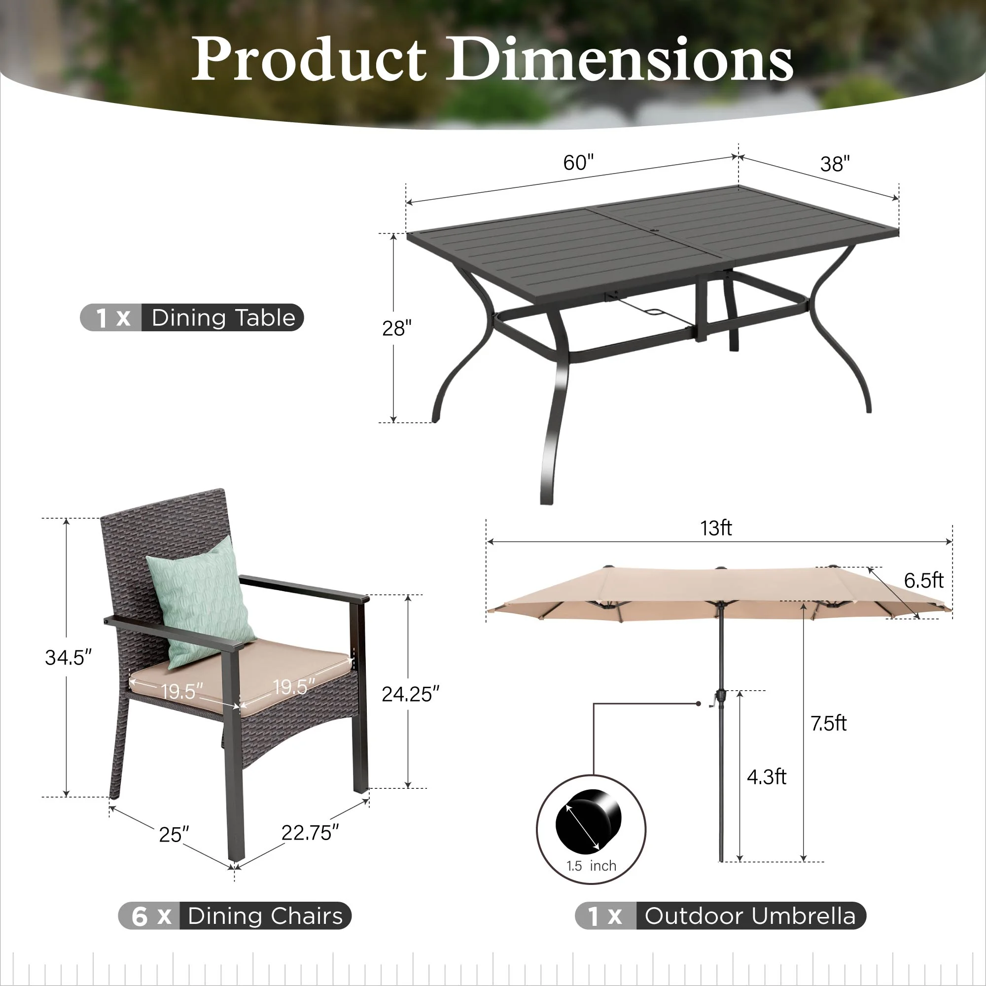 Alpha Joy 8-Piece Outdoor Patio Dining Set with 13 ft Umbrella, Rattan Chairs & Rectangle Table Set for 6, Beige Umbrella - Image 16