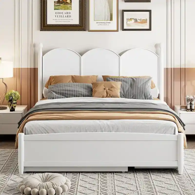Queen Size Platform Bed with Vintage Headboard - Multifunctional Storage Frame Featuring Twin XL Trundle & 2 Drawers