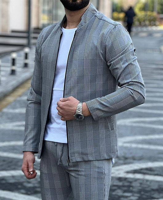 Stand Collar Plaid Pattern Zipper Jacket & Pants Set