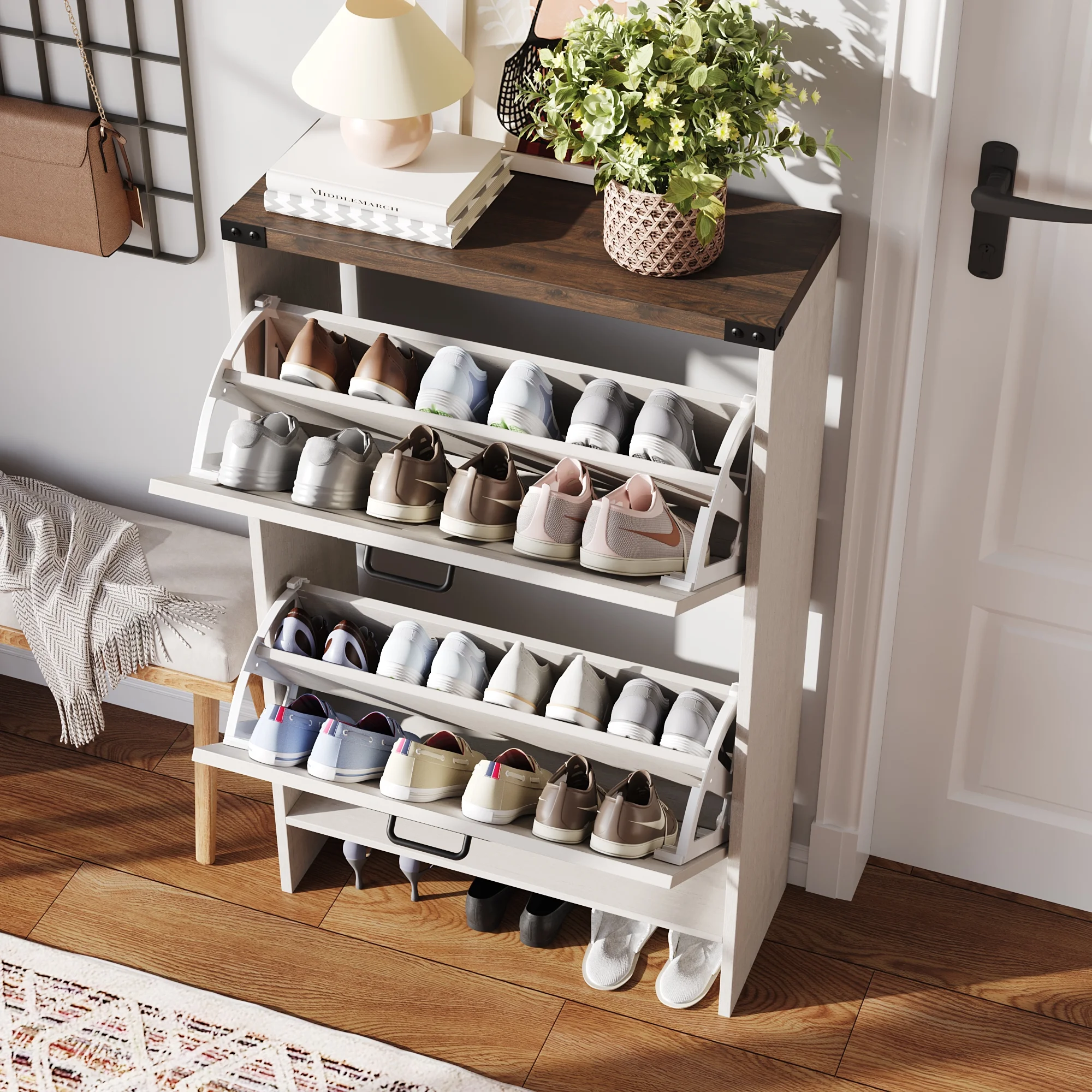 VEANERWOOD Shoes Storage Cabinet With Doors, Farmhouse Shoe Cabinet With 2 Flip Drawers For Entryway,Gray - Image 9