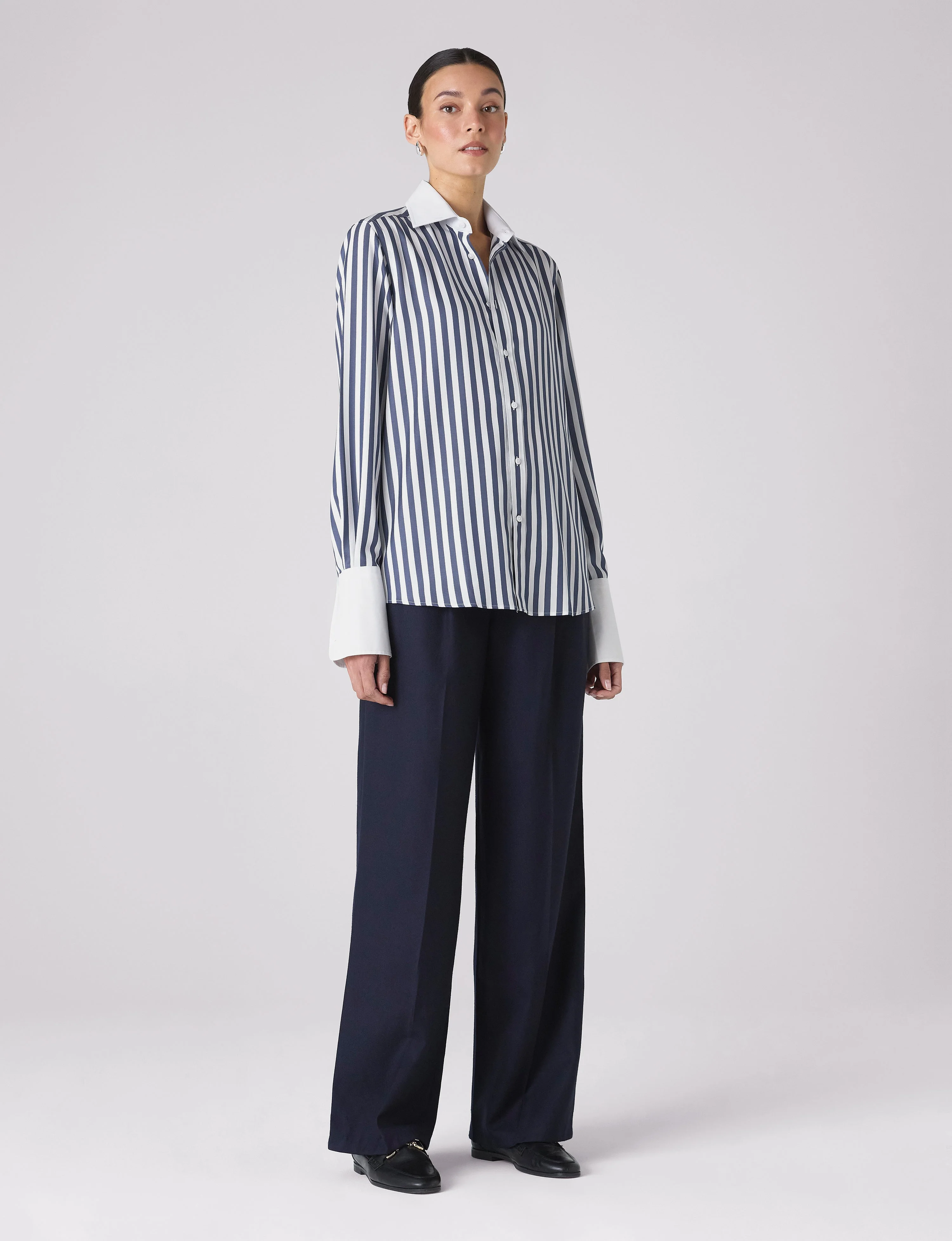 The Boyfriend Contrast Exaggerated Cuff: TENCEL™ Lyocell, Navy Blue Stripe