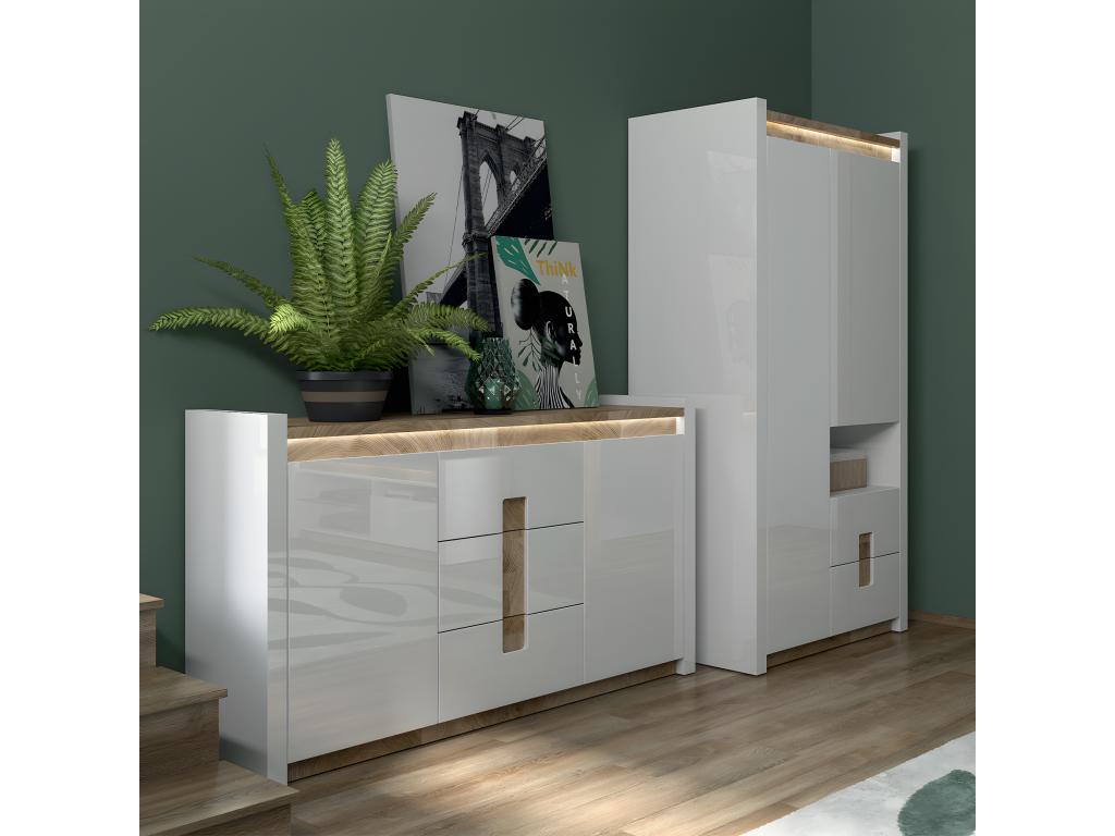 Armario 2 puertas 2 cajones 1 compartimiento con Nestleare Blanco lacado y Madera