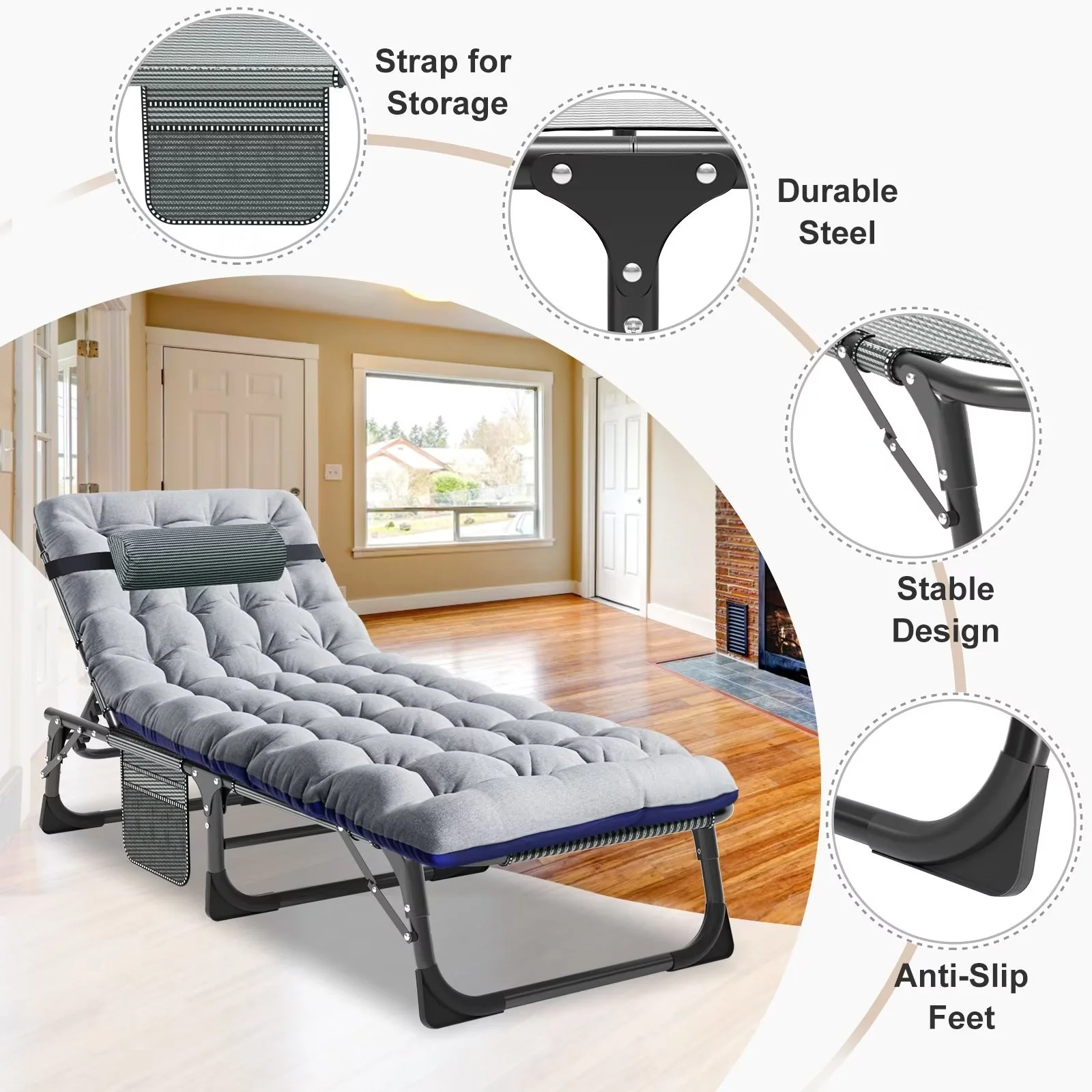 MOPHOTO Lounge Chair with Mattress, Outdoor Chaise Lounge Support 440 Lbs, Adjustable Portable Heavy Duty Sleeping Cots Bed for Camping, Pool, Beach, Patio - Image 53