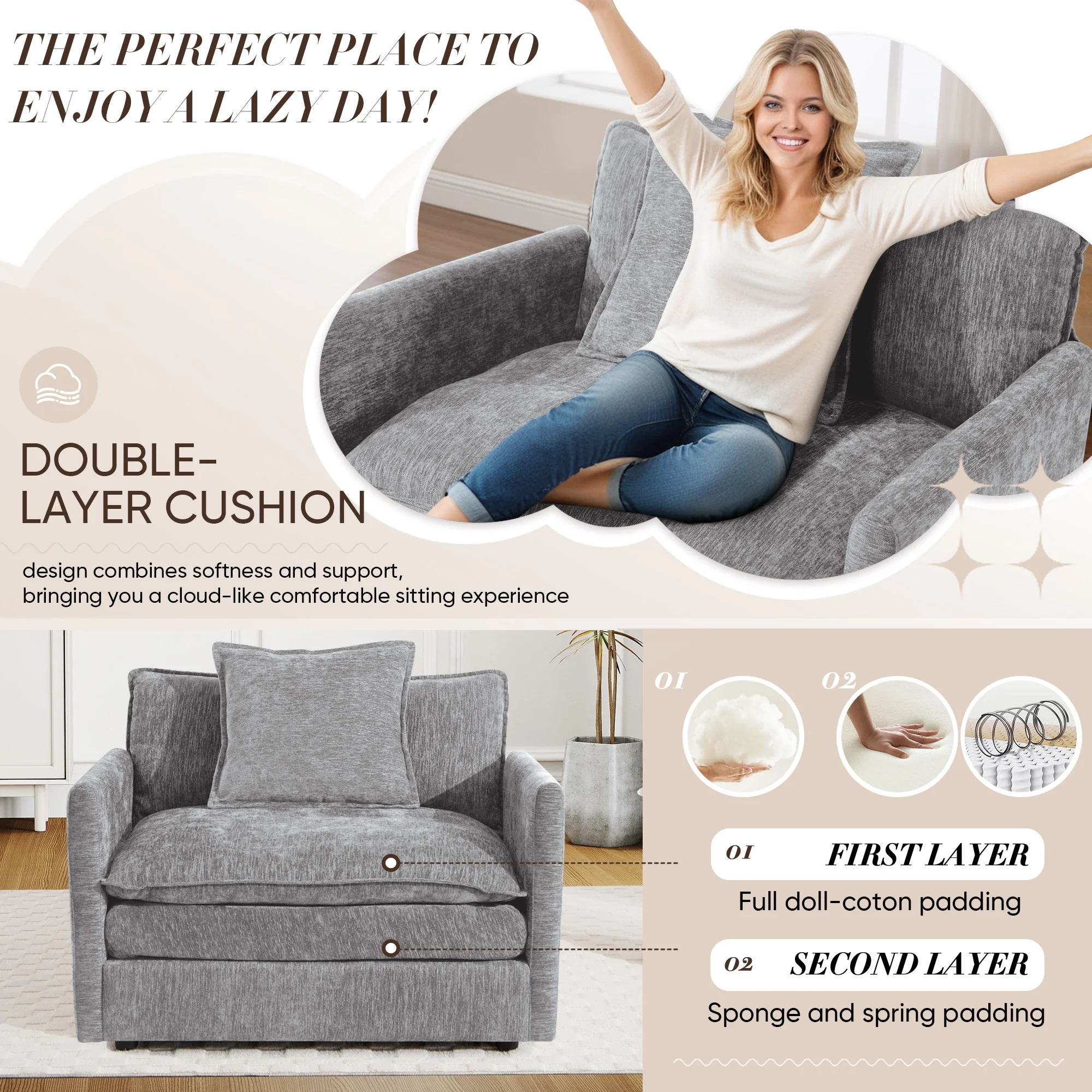 Muumblus Oversized Lounge Chair with Ottoman, Cloud Accent Armchair for Living Room, Beige Chenille - Image 48