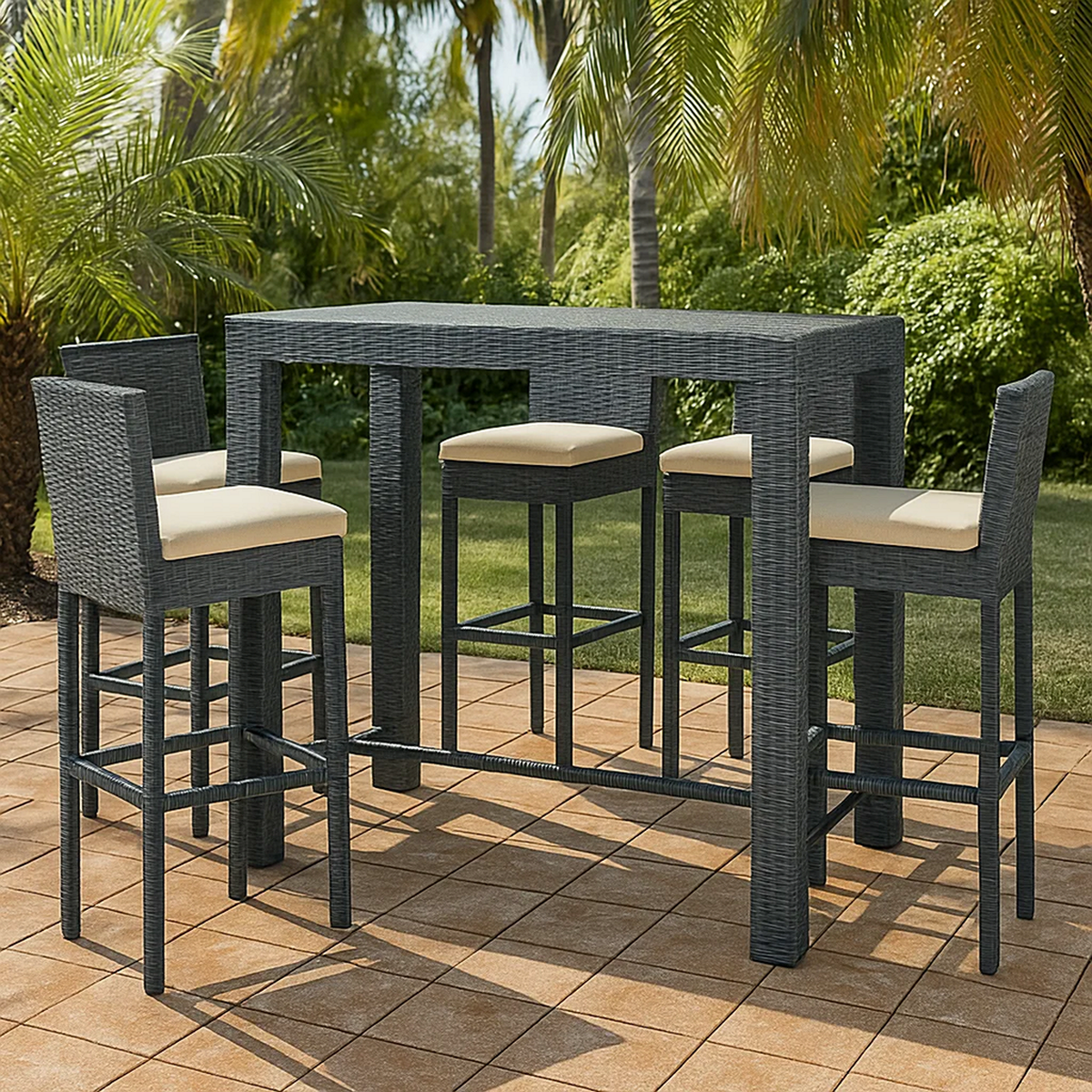 Conjunto de bar para jardín 6 pzas ratán sintético gris oscuro con cojines – mesa alta y 5 taburetes