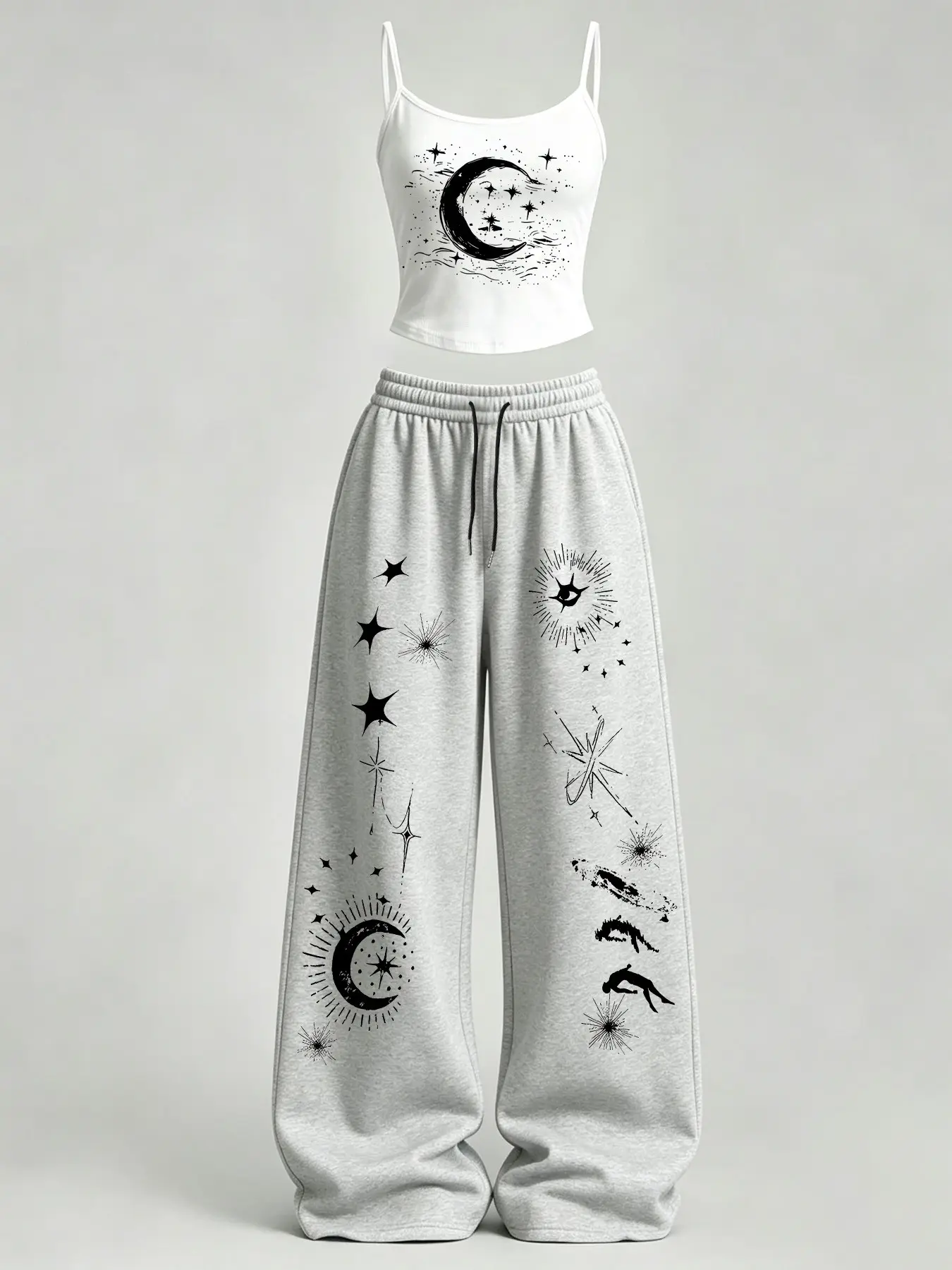 Women's Casual Home Wear Set, Star Moon Print Slim Fit Top + Loose Baggy Pants TeeThreads Sustain the Scene with Custom Apparel