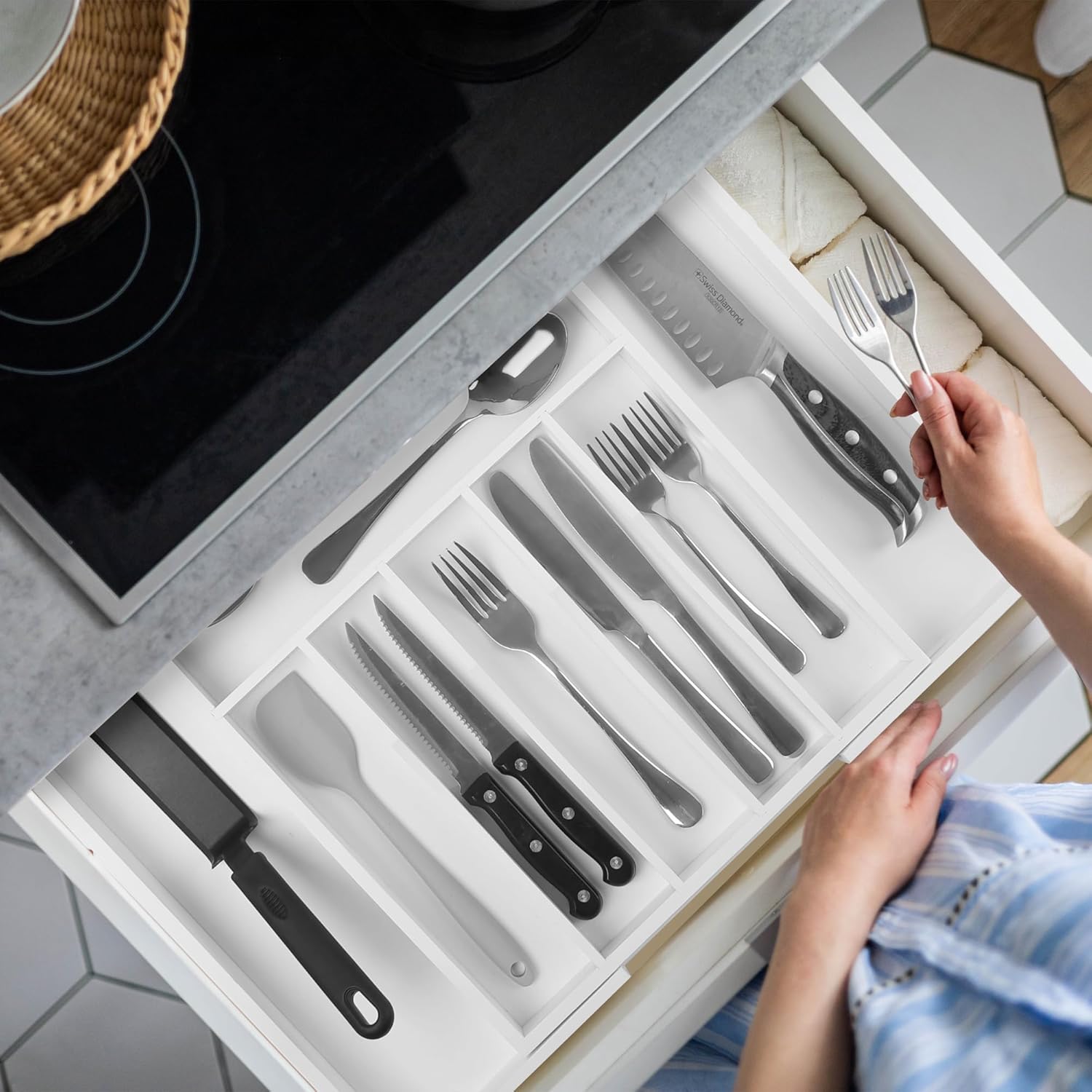 Large Premium Bamboo Silverware Organizer - Expandable Drawer Organizer & Utensil Organizer - 17