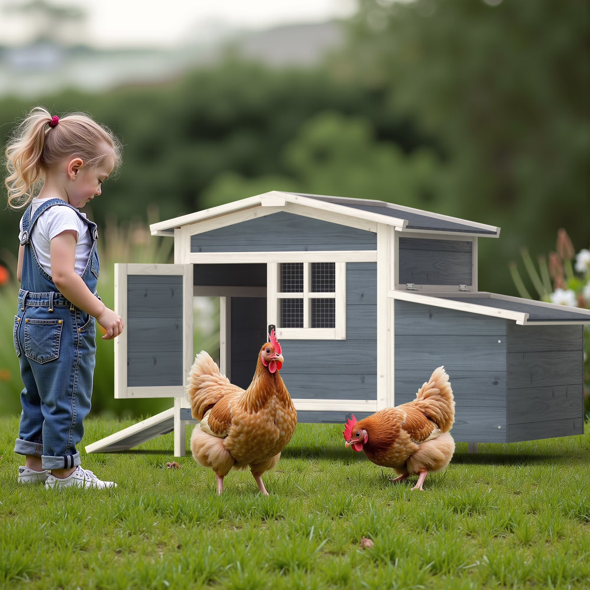 Outdoor Chicken Coop Rabbit Hutch Wooden Hen House W/ Nesting Box Tray Poultry Cage for Outdoor Indoor(Brown)