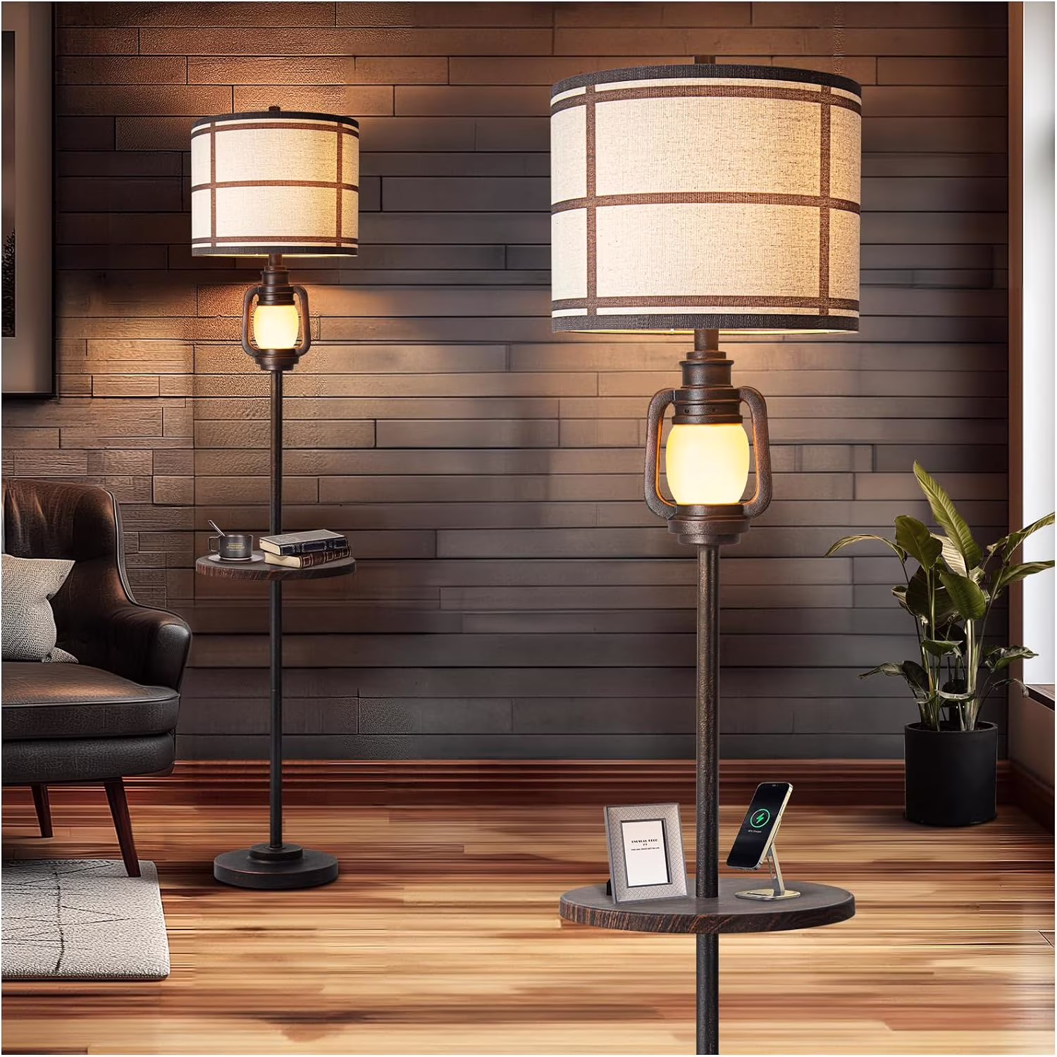 Farmhouse Metal Tray Floor Lamp for Living Room with Nightlight Vintage Tall Lamp with Linen Fabric Shade Industrial Standing Lamp for Bedroom Office Home House Study (Bulb Included)(Brown-With Tray)
