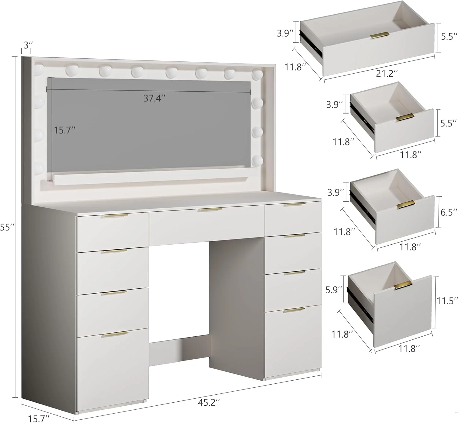 Fixwal 45.3" White Makeup Vanity Table with 9 Drawers, LED Lighted Mirror & Power Outlet - Image 7 Fixwal 45.3" White Makeup Vanity Table with 9 Drawers, LED Lighted Mirror & Power Outlet - Image 7