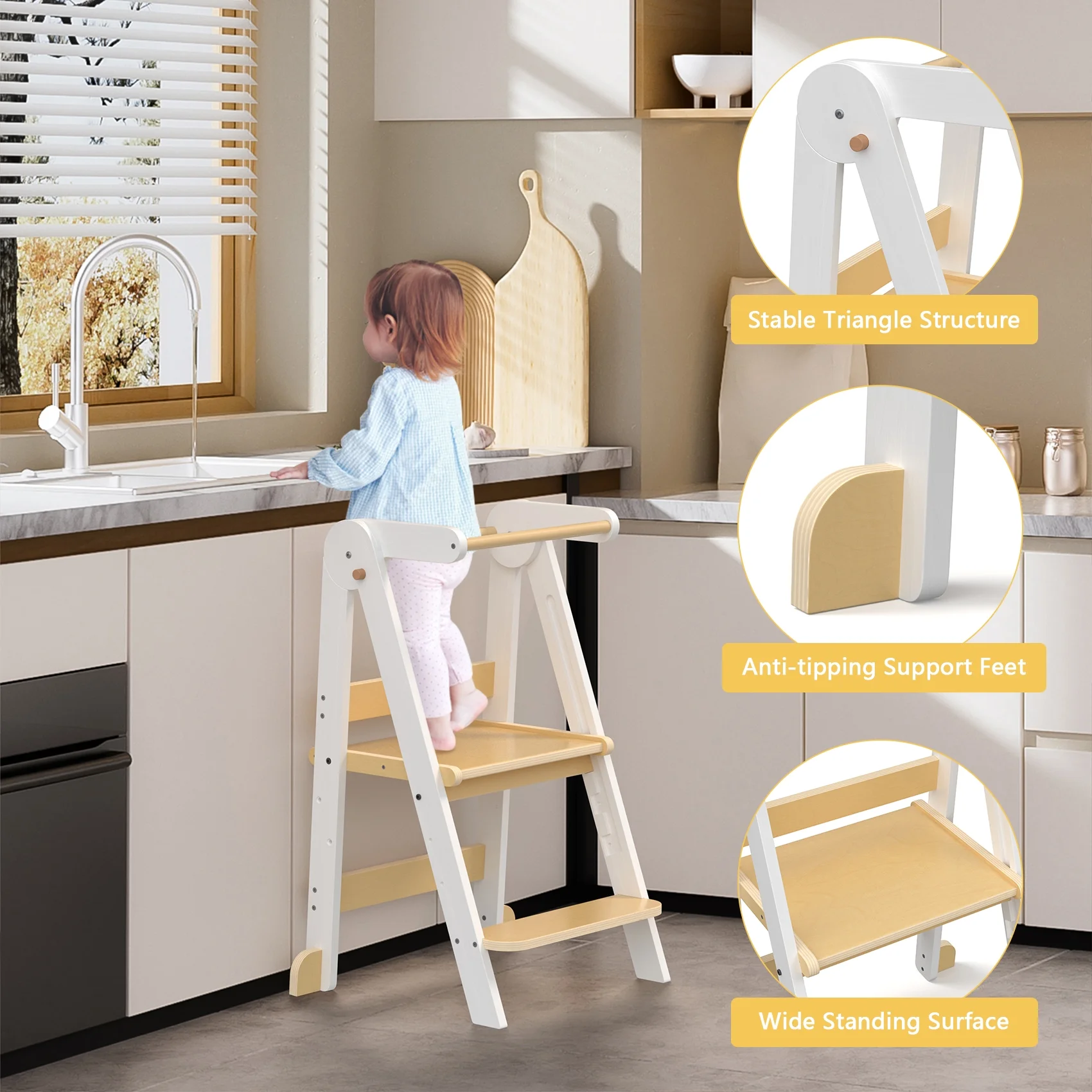 JOZ Kitchen Toddlers Step Stool, Montessori Kids Learning Stool, Foldable Toddler Tower for Counter, Standing Helper for Children, 3 Adjustable Heights, Wooden, White - Image 10
