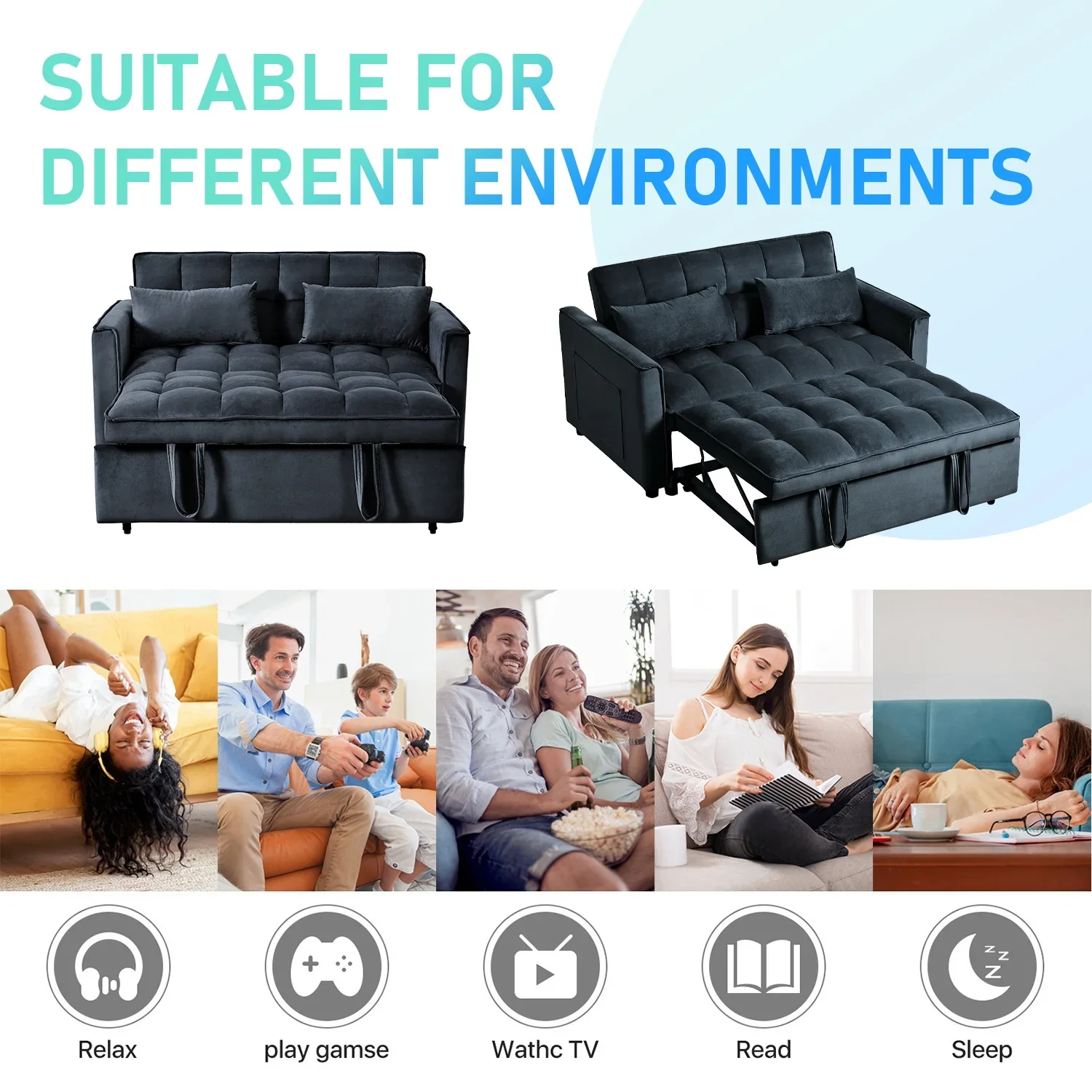 3 in 1 Convertible Sleeper Sofa Bed, Futon Couches for Living Room with Side Pocket | Adjustable Backrest| Velvet Fabric | Pull Out Couch | Love-seat sofa| Sectional Sofa Bed| 2-seat sofa bed