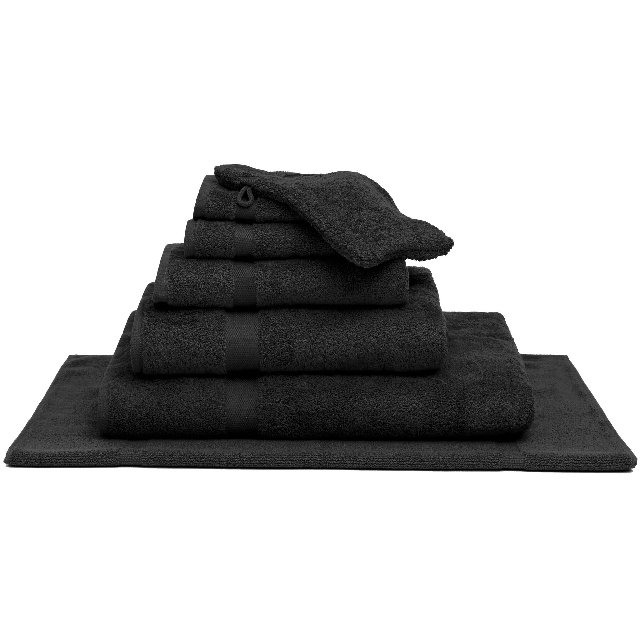 Pakketdeal: 2x Badlaken + 2x Washand Ranger Off Black   Zwart   Katoen