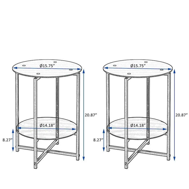 Black 2-Piece Tempered Glass End Table Set - Round Coffee Table for Bedroom, Living Room, and Office