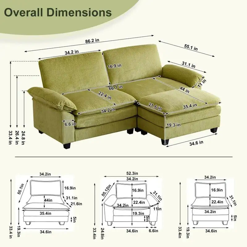 Chenille Two-Seater Sofa with Footstool - 2+1 Indoor Double Bag, Dimensions: 217*141*85