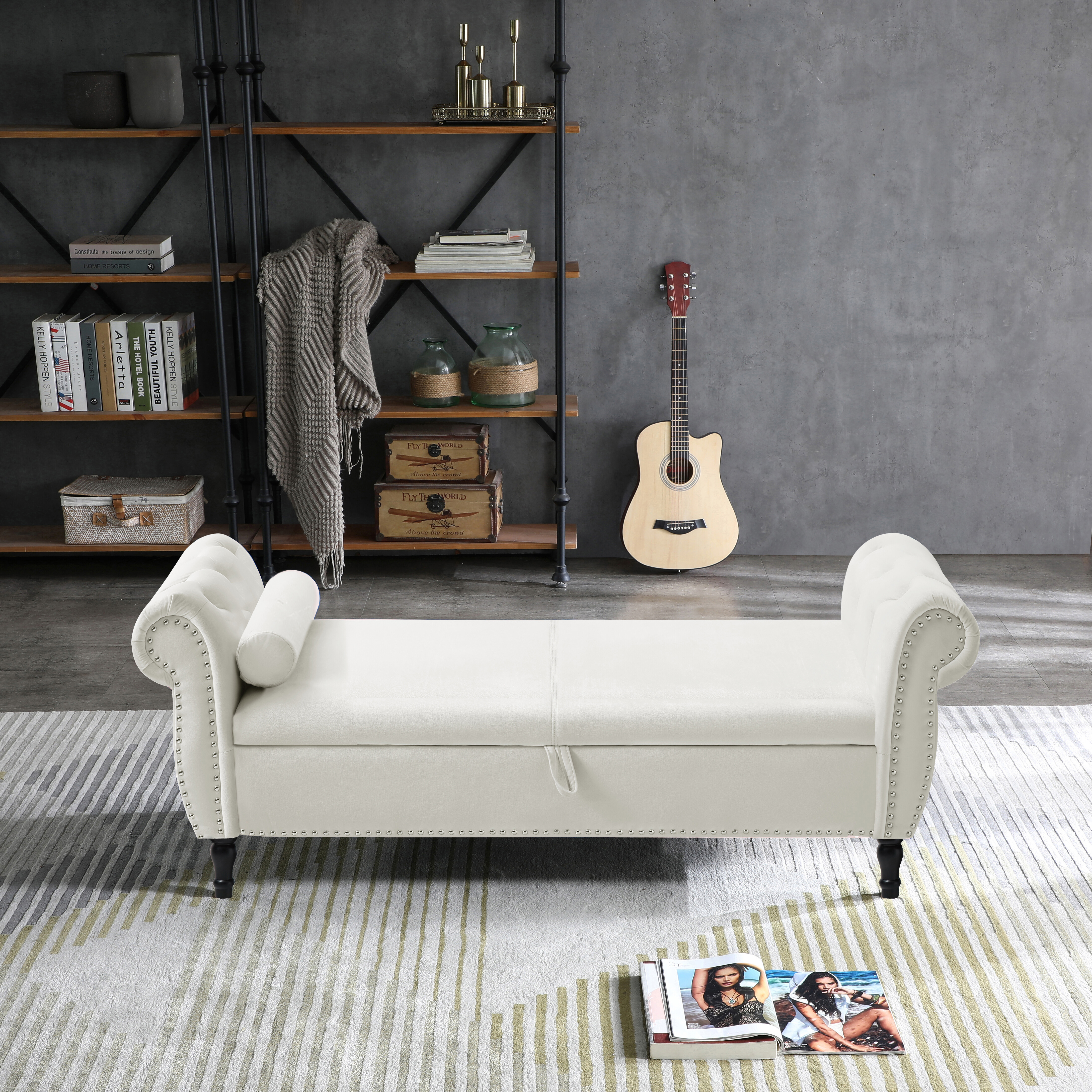 Sumdeal 43.5" Storage Ottoman Bench with 250lb Seating, Linen Upholstered Wood Legs Safety Hinge Flip Top Oval Foot Rest Long Stool for Sofa Couch Bedroom End of Bed Living Room Entryway, White - Image 87