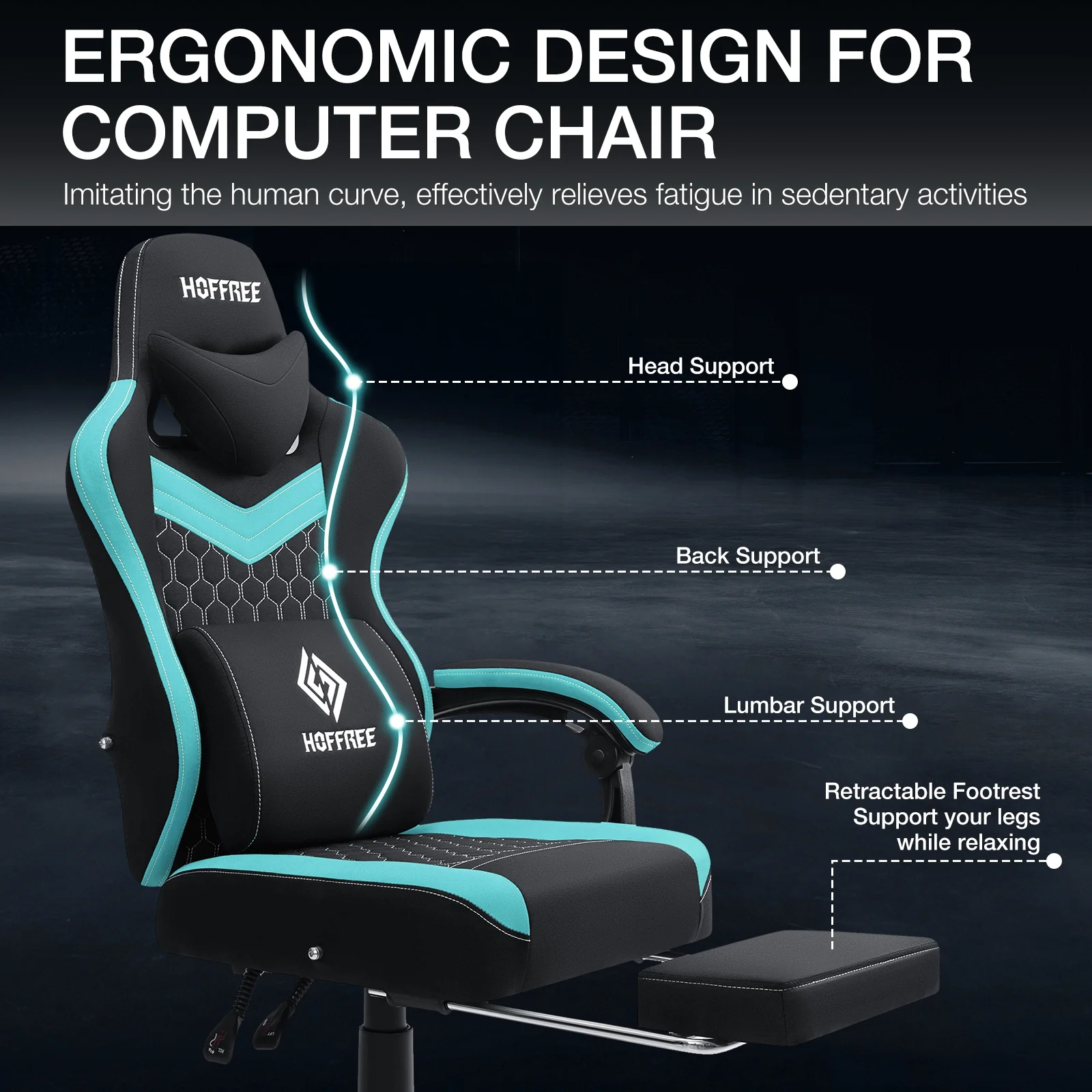 Hoffree Gaming Chair with Massage Fabric Office Chair with footrest for Adults, Ergonomic Gamer Chair with Headrest and Lumbar Support for Office Gaming, 440 LBS - Image 38