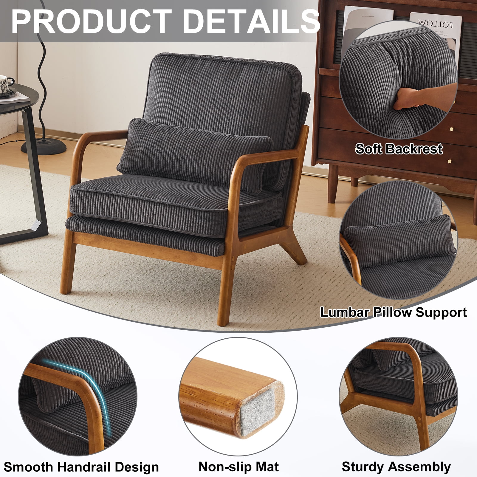 Ktaxon Accent Chair Corduroy Upholstered Armchair, Reading Club Chair with Pillow and Solid Wood Frame for Living Room Bedroom Furniture Off White - Image 115
