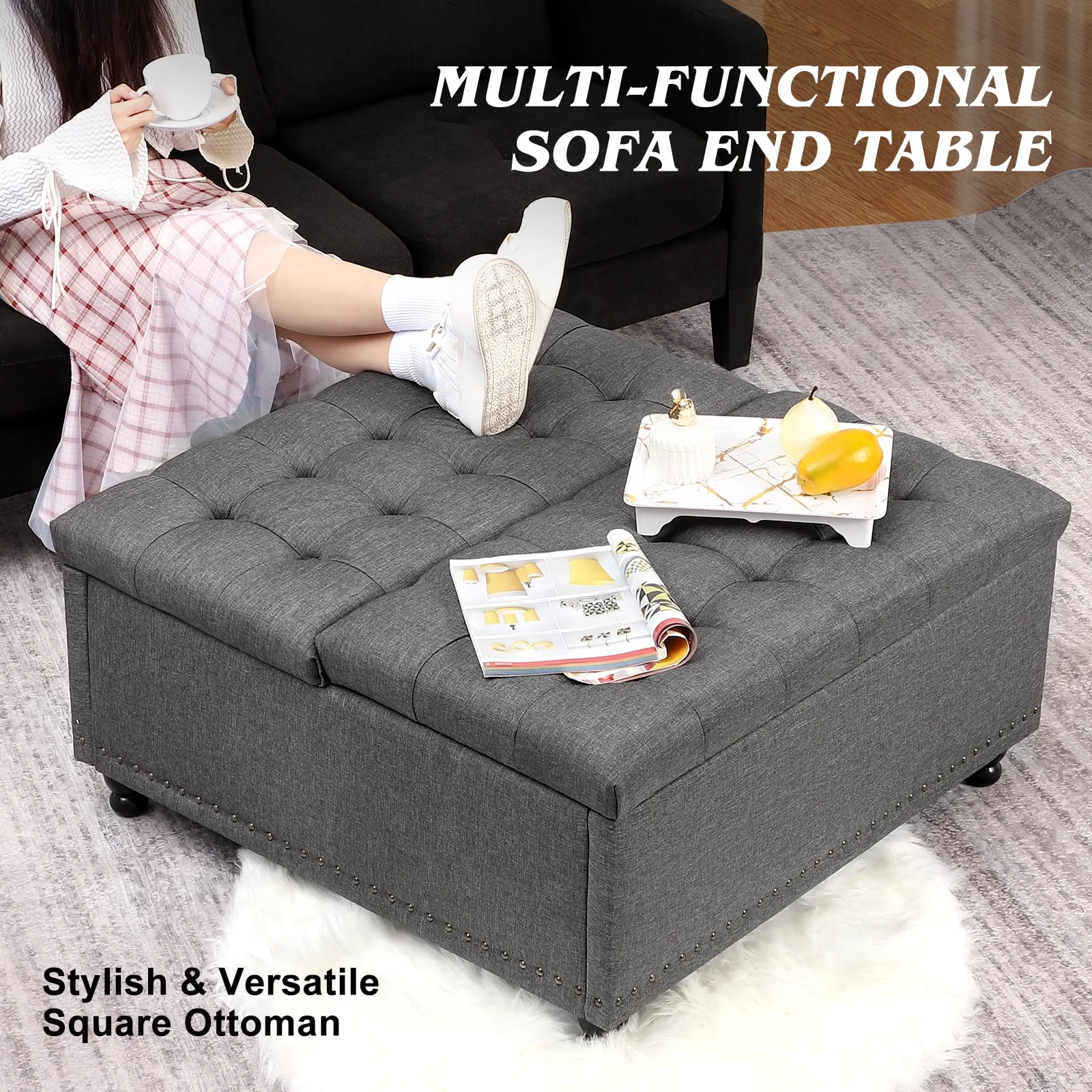 Magic Union 35" Large Square Storage Ottoman, Oversized Square Ottoman with Storage, Tufted Upholstered Ottoman Coffee Table with Lift Top for Living Room (Beige) - Image 13