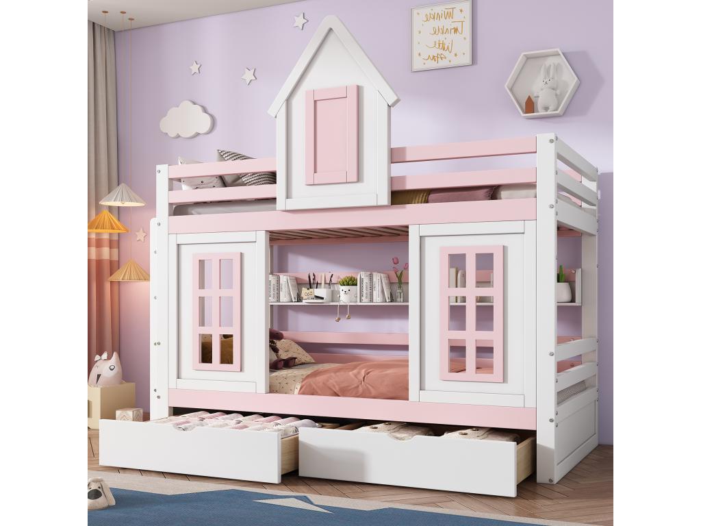 Litera 90x200cm- cama infantil con techo ventana 2 cajones estante abierto somier- Nidolux MDF rosa