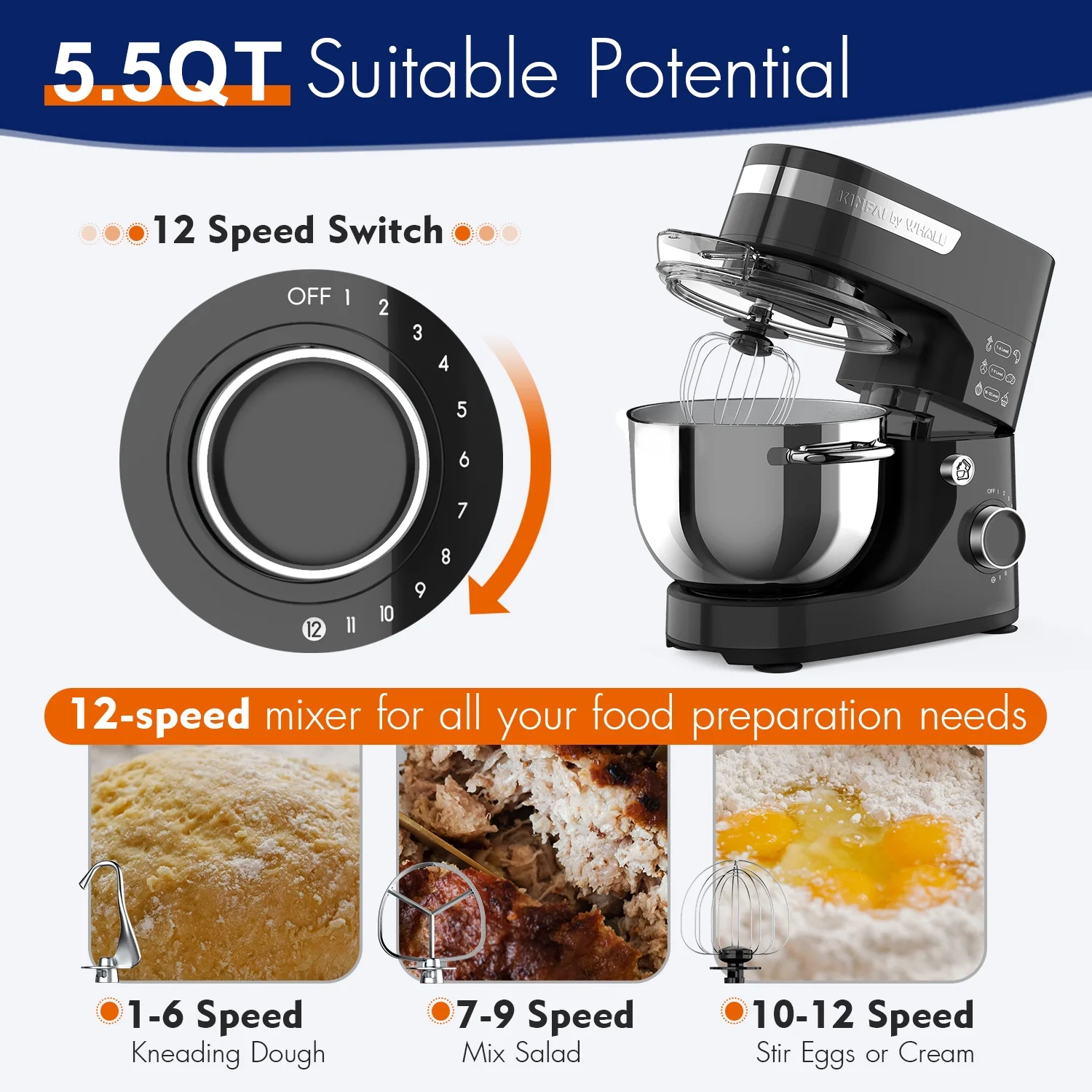 WHALL Stand Mixer - 5.5Qt 12-Speed Tilt-Head Electric Kitchen Mixer with Dough Hook/Wire Whip/Beater, Stainless Steel Bowl (Black) New - Image 3