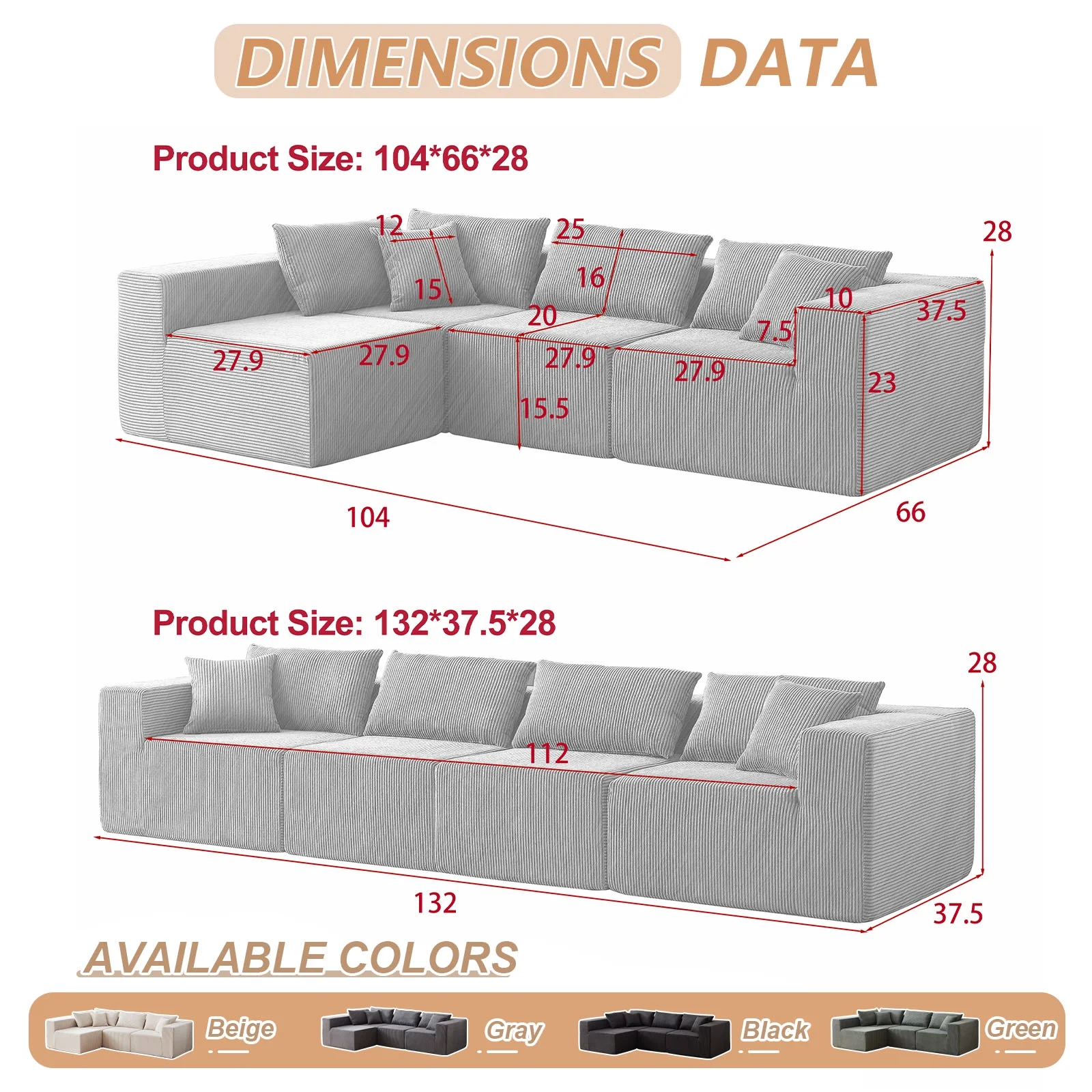 104-Inch Corduroy Modular L Shaped Sectional Sofa,Luxury Floor Couch Set,Upholstered Indoor Furniture,Foam-Filled Compressed Sofa for Living Room,Bedroom,4 PC Free Combination ? - Image 2