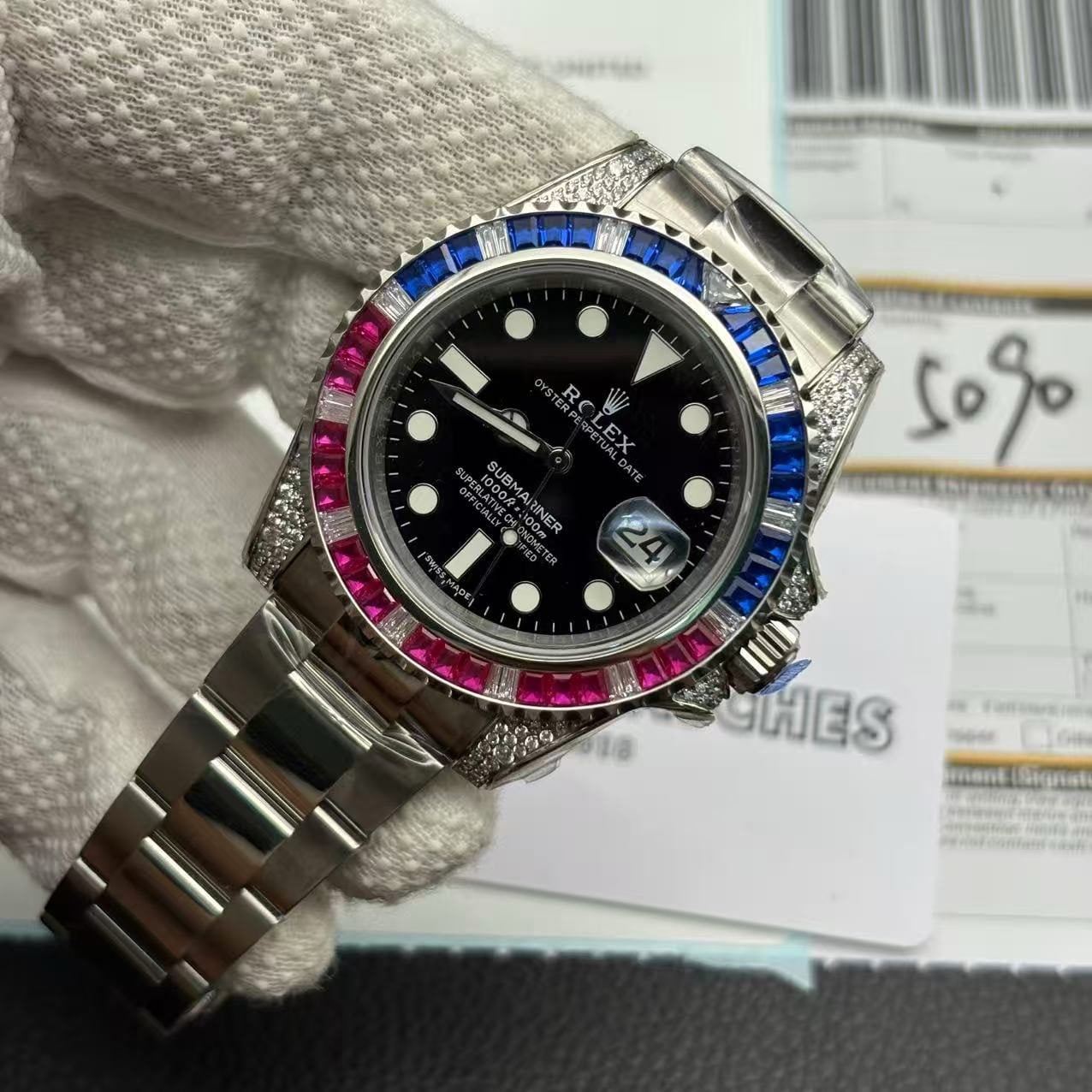 Rolex Submariner Silver Blue/Red Replica Diamond 40MM Top Swiss Clone