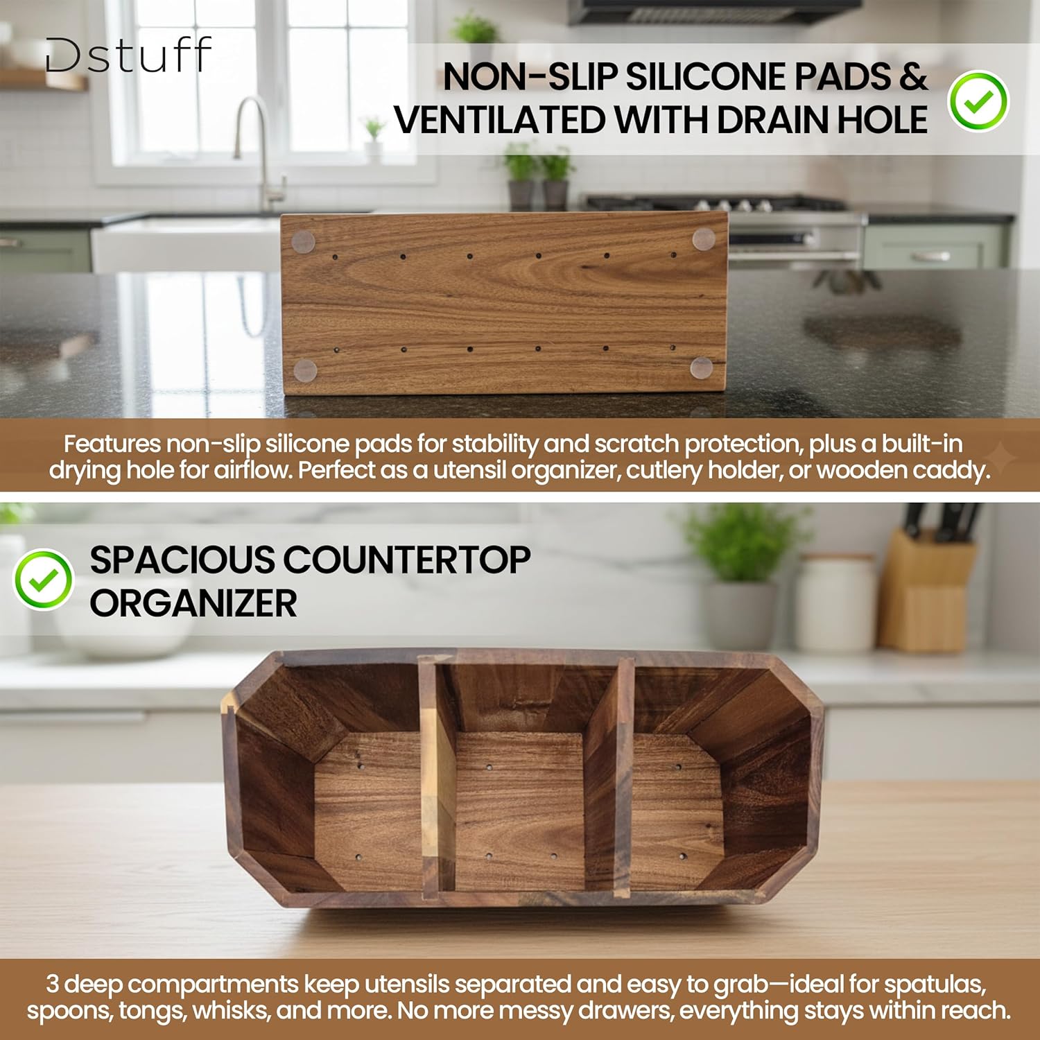 Large Kitchen Utensil Holder for Countertop – Acacia Wood Utensil Organizer with 3 Compartments, Beveled Edges Design, Non-Slip Silicone Pads & Drain Hole – Rustic Farmhouse Utensil Caddy Crock