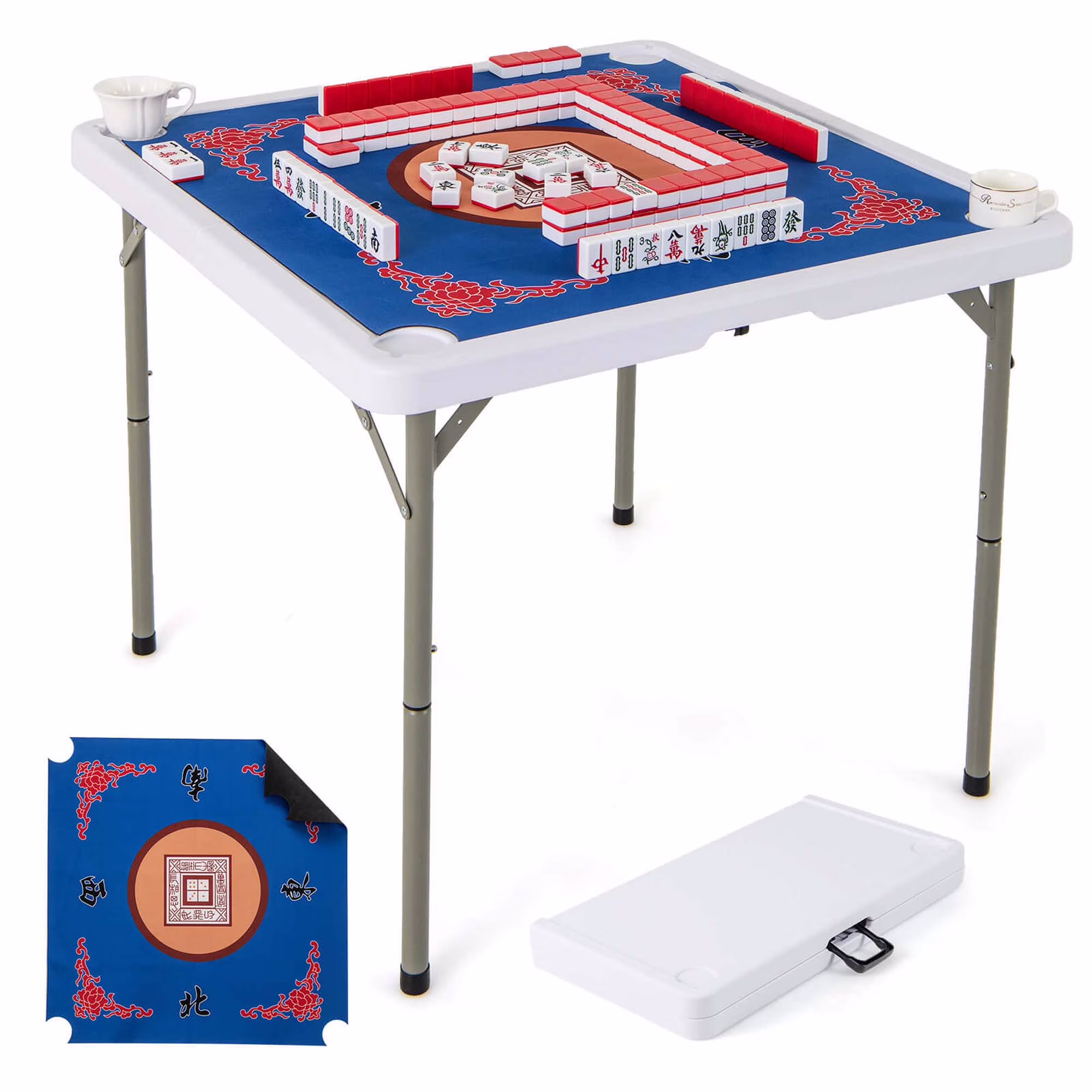 Costway 35" Folding Mahjong Table with Cup Holders & Smooth Felt Mat Carrying Handle Green - Image 5