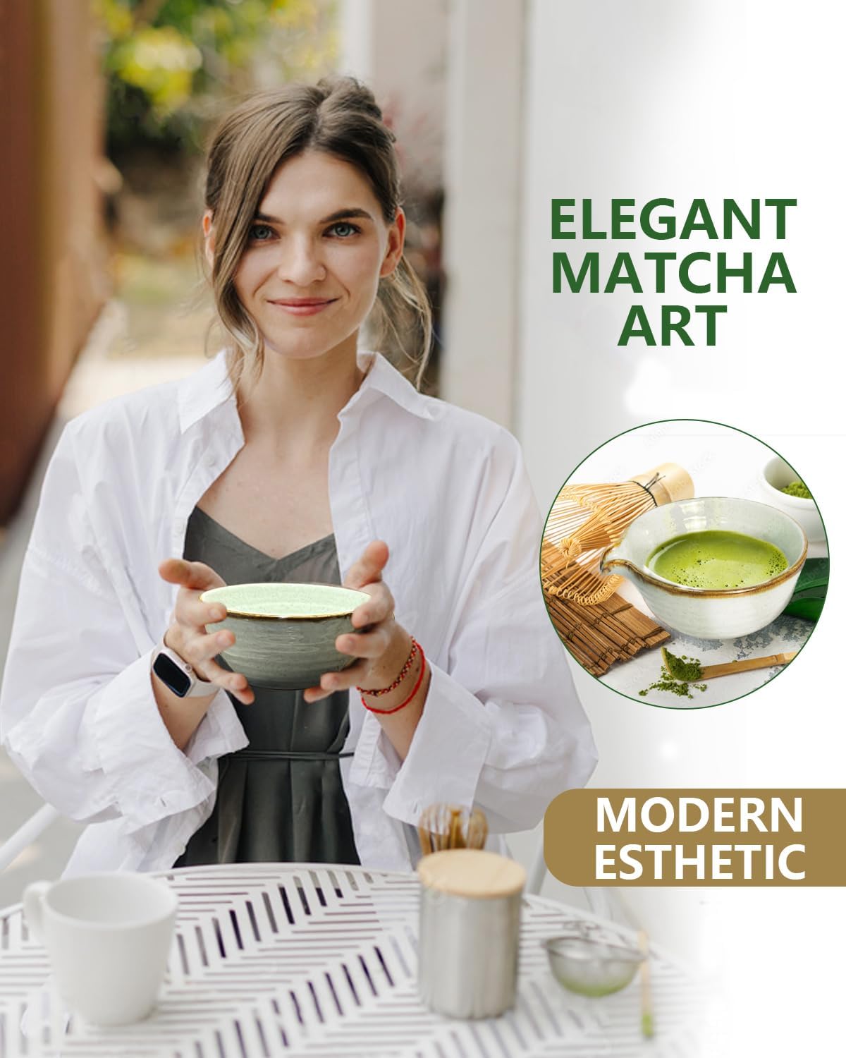 Taruzil Matcha Whisk Set with Matcha Bowl, Matcha Bamboo Whisk, Scoop, Sifter, Matcha Whisk Holder Unique Gifts for Women Mom Her Girl Friend Home Kitchen Decor Gifts for Christmas, Birthday